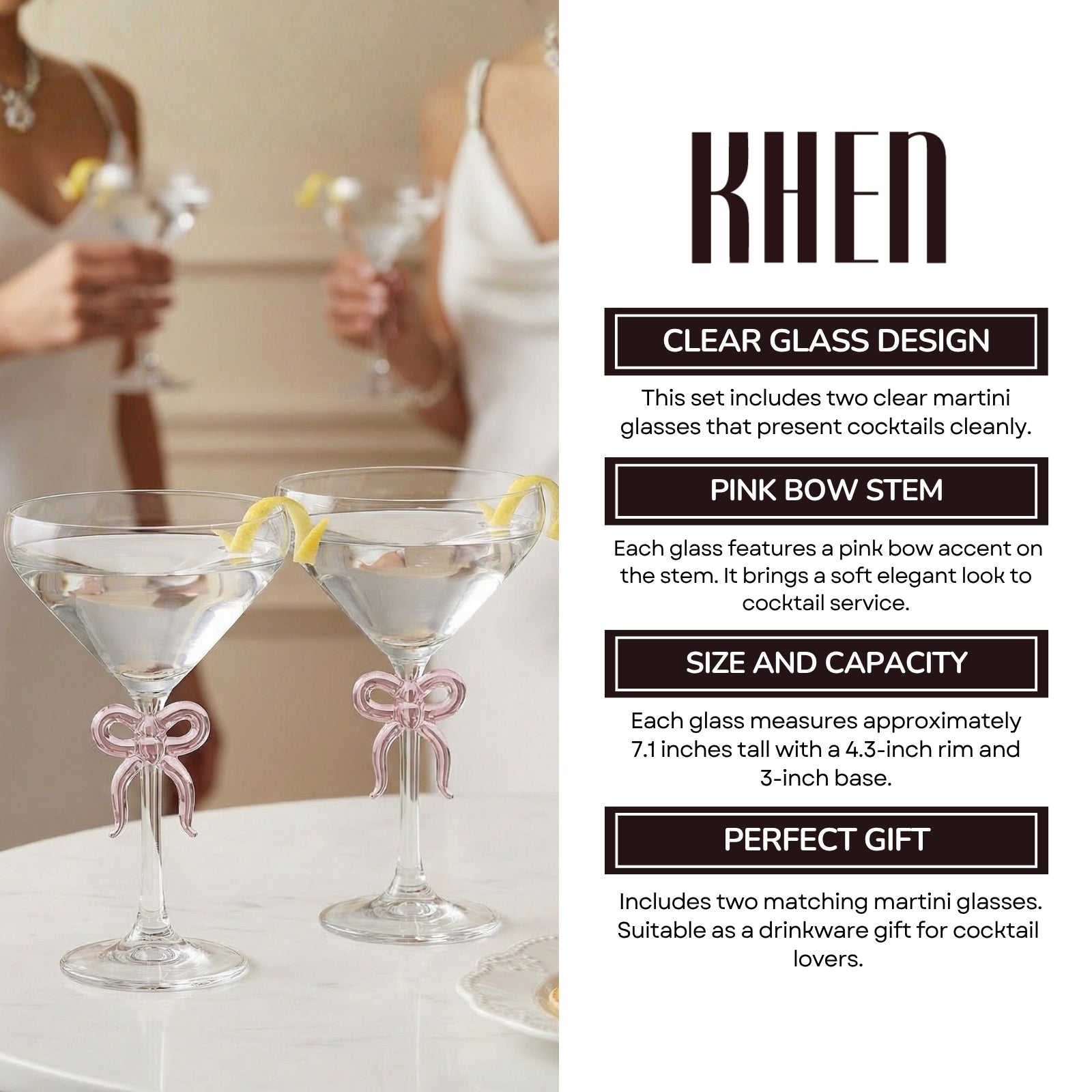 Clear Martini Glass with Pink Bow on Stem, Set of 2
