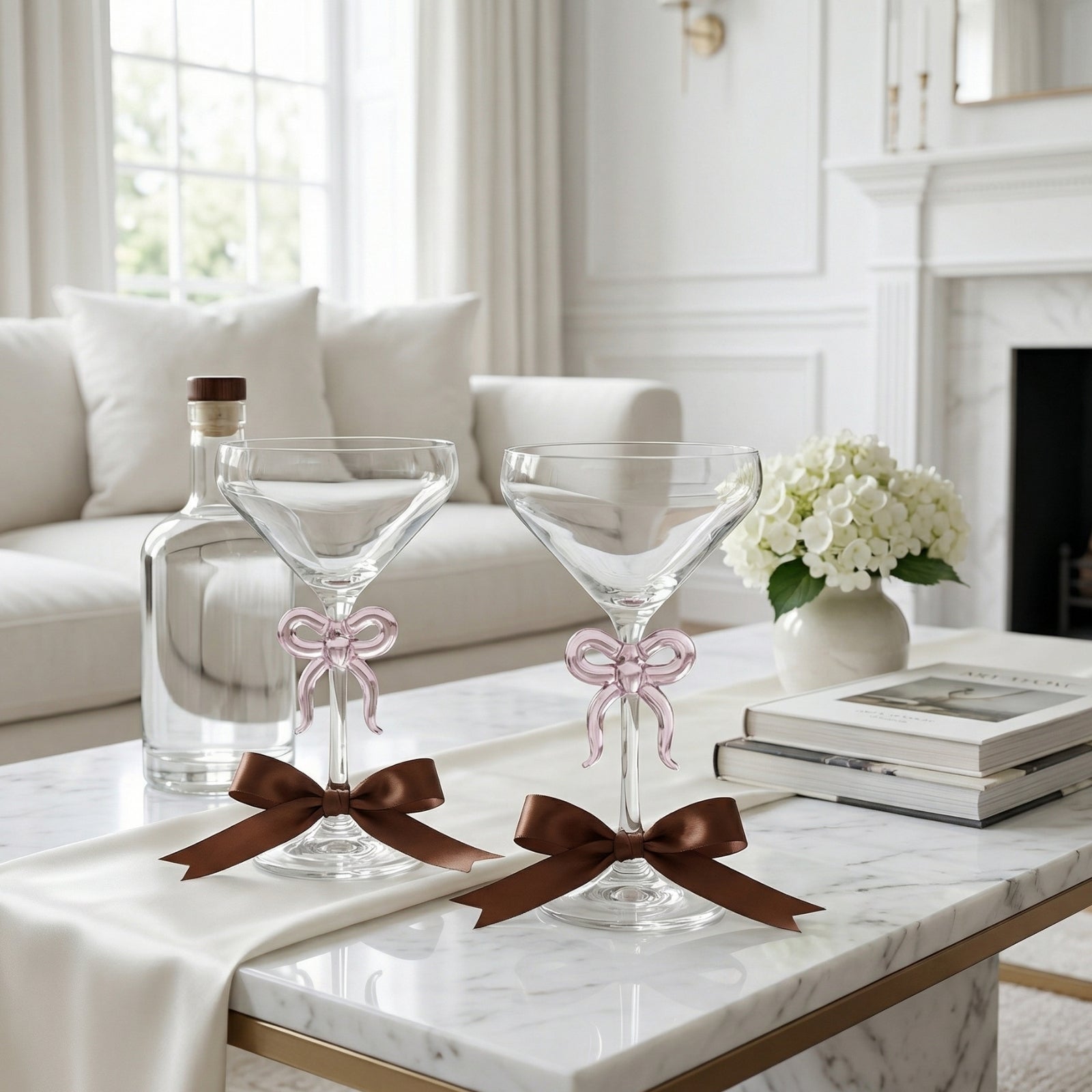 Clear Martini Glass with Pink Bow on Stem, Set of 2