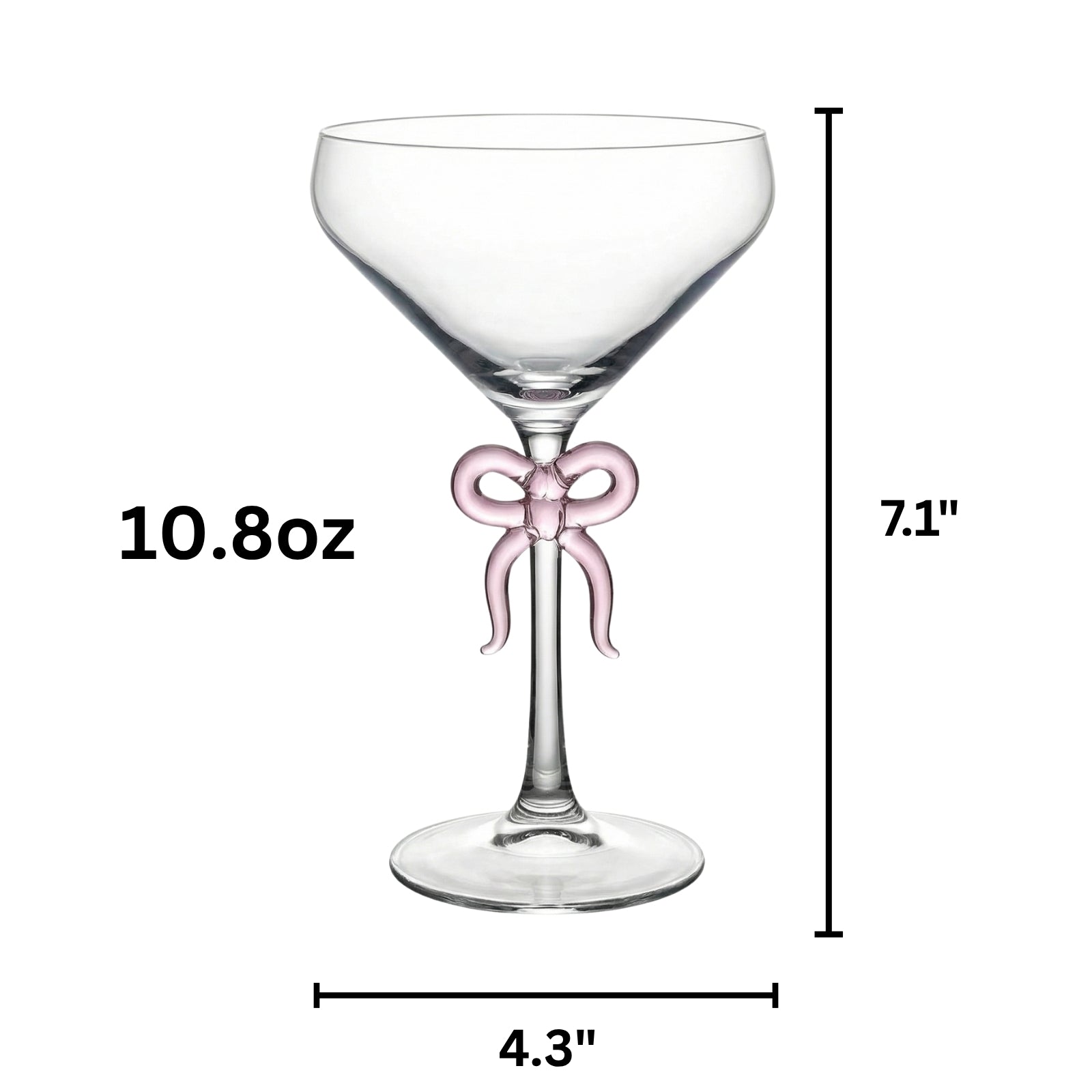 Clear Martini Glass with Pink Bow on Stem, Set of 2