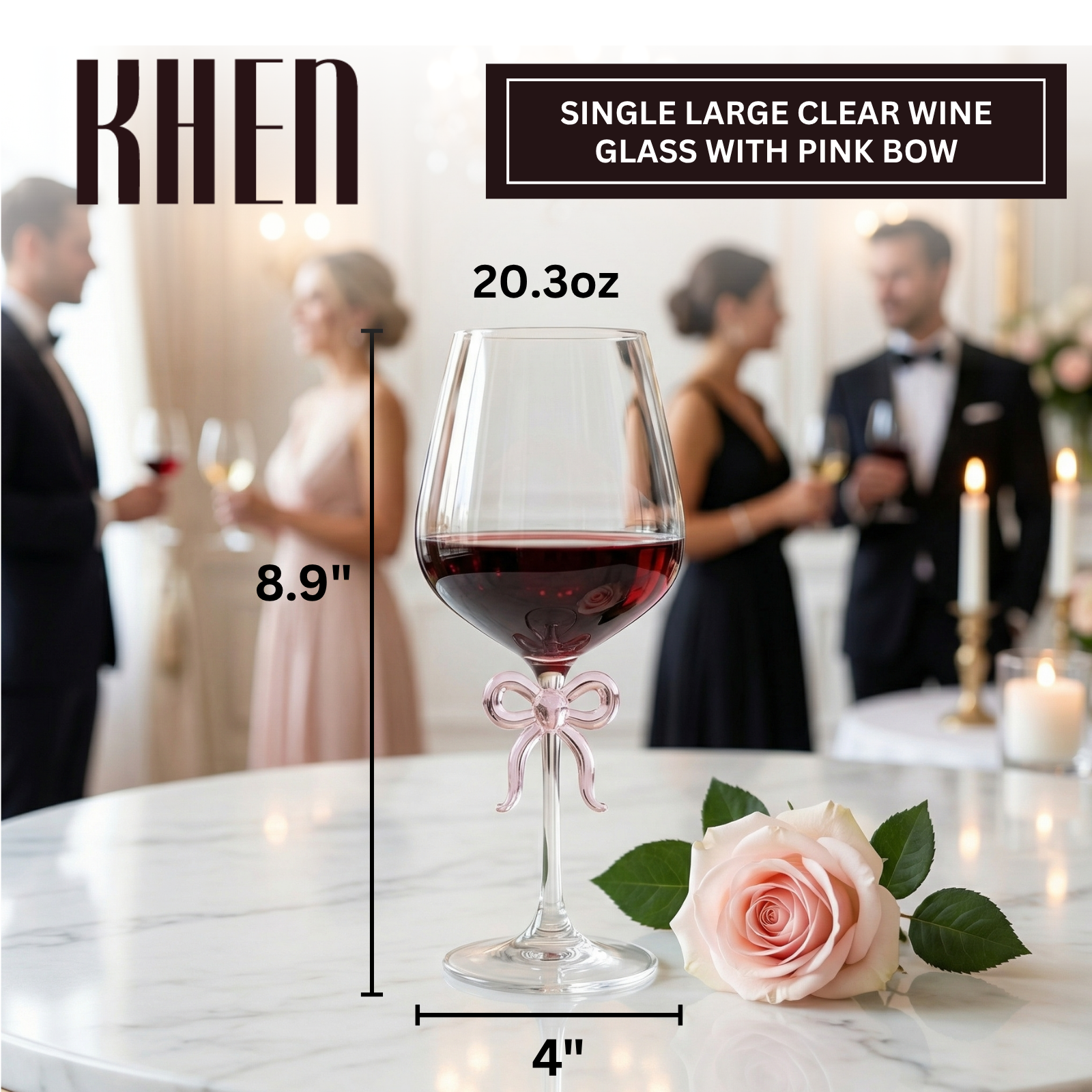 Large Clear Wine Glass with Pink Bow on Stem, One Piece