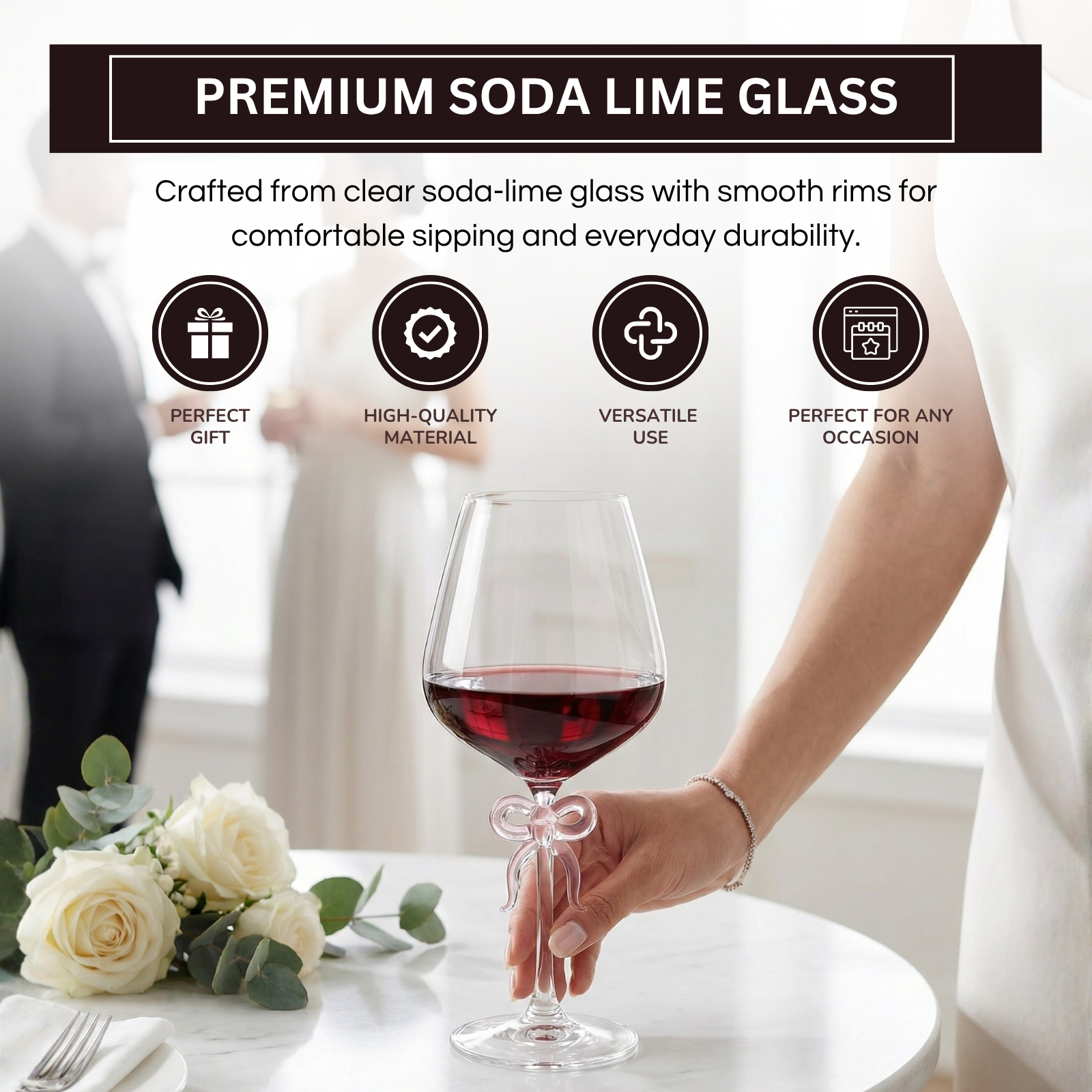 Large Clear Wine Glass with Pink Bow on Stem, One Piece