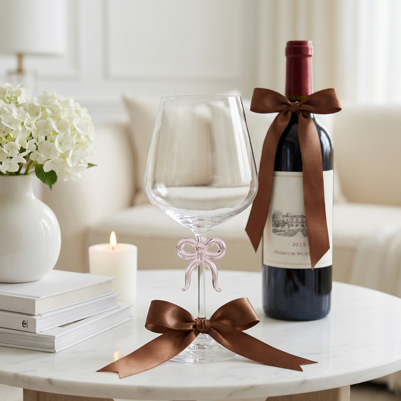 Large Clear Wine Glass with Pink Bow on Stem, One Piece