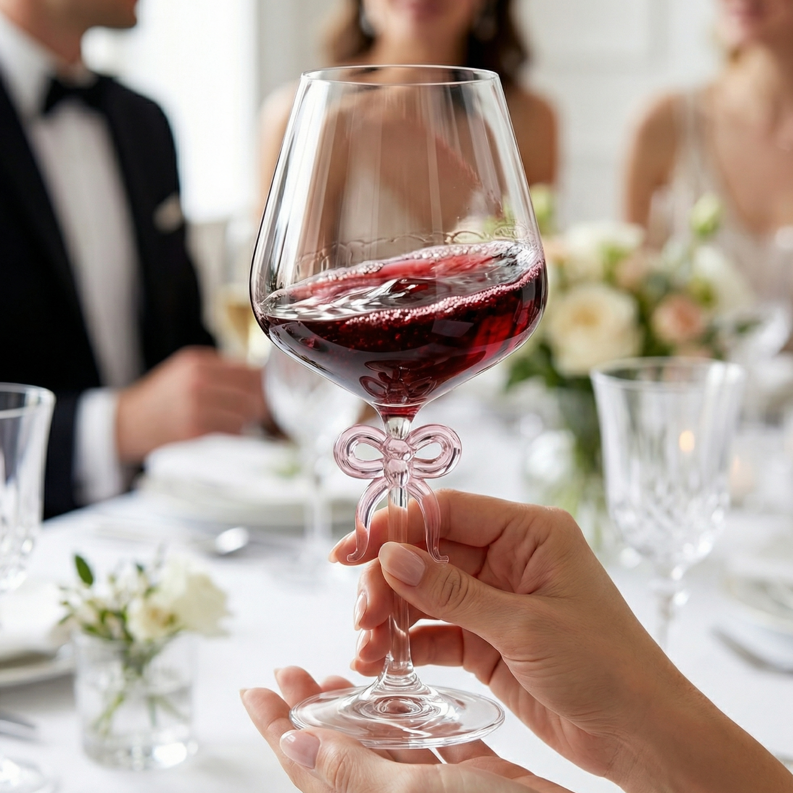 Large Clear Wine Glass with Pink Bow on Stem, One Piece
