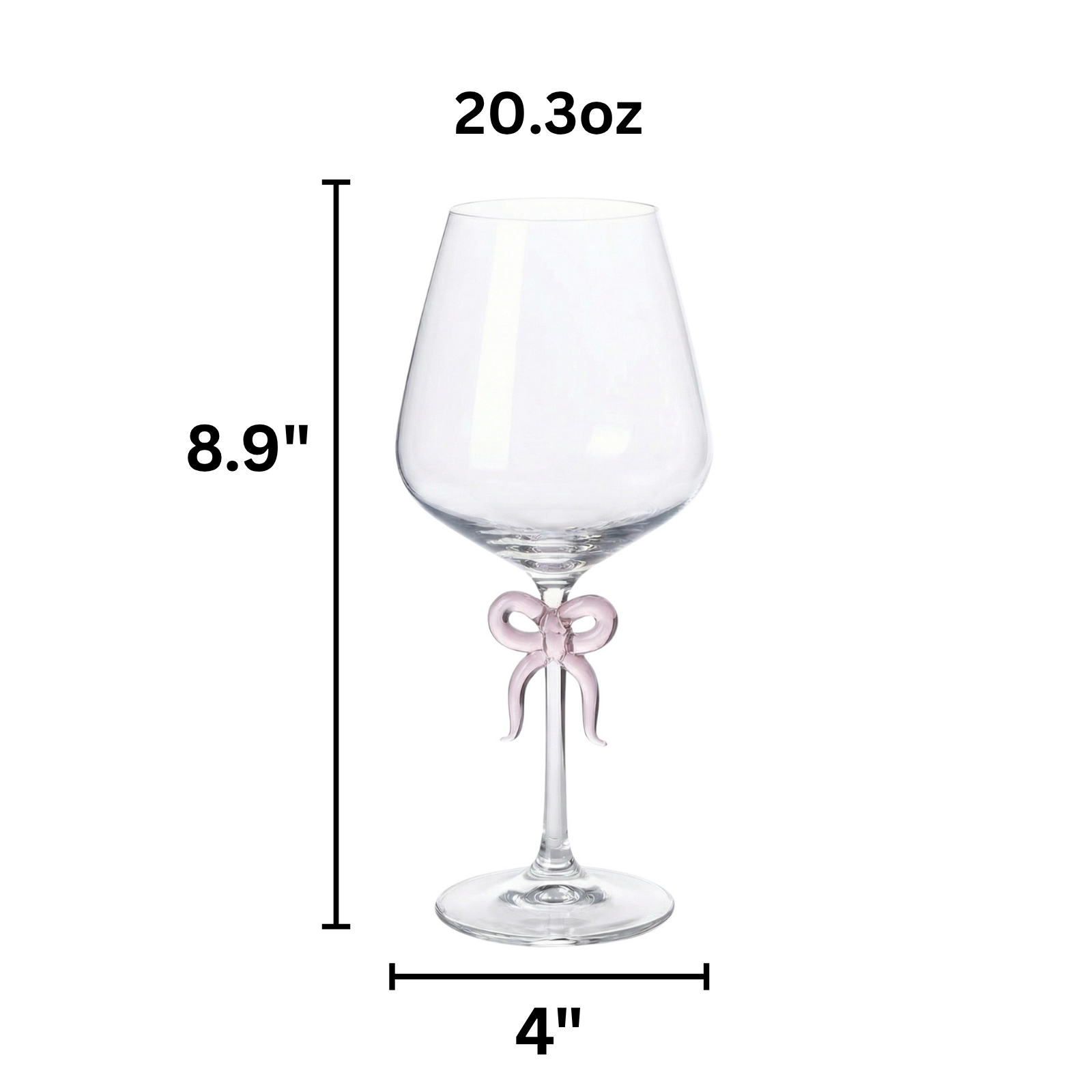 Large Clear Wine Glass with Pink Bow on Stem, One Piece