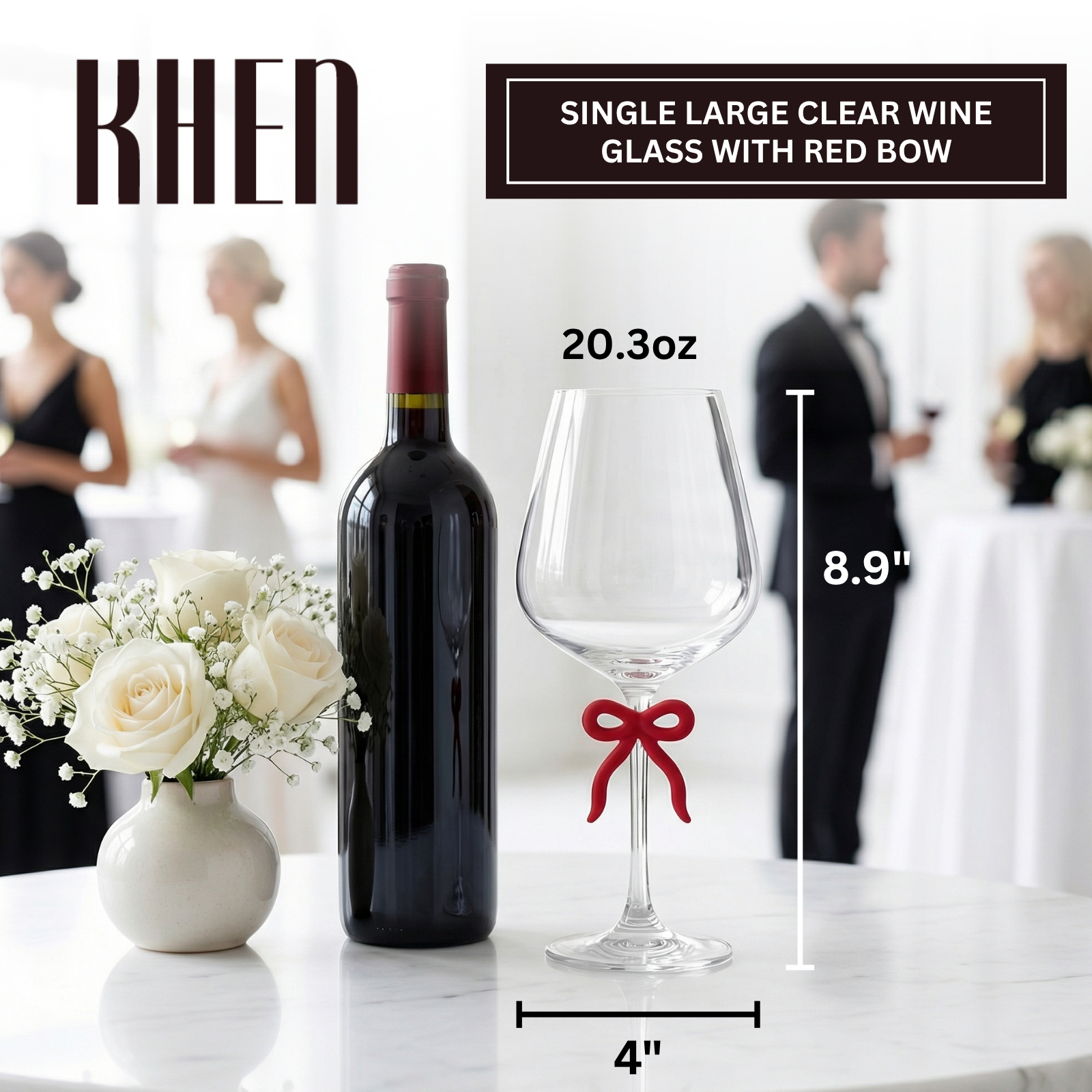 Large Clear Wine Glass with Red Bow on Stem, One Piece