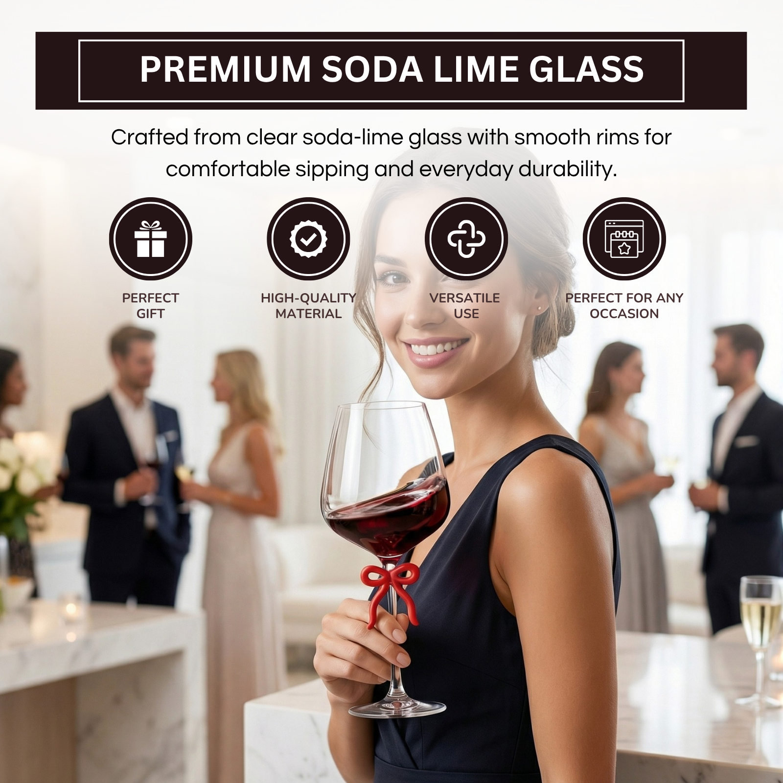 Large Clear Wine Glass with Red Bow on Stem, One Piece