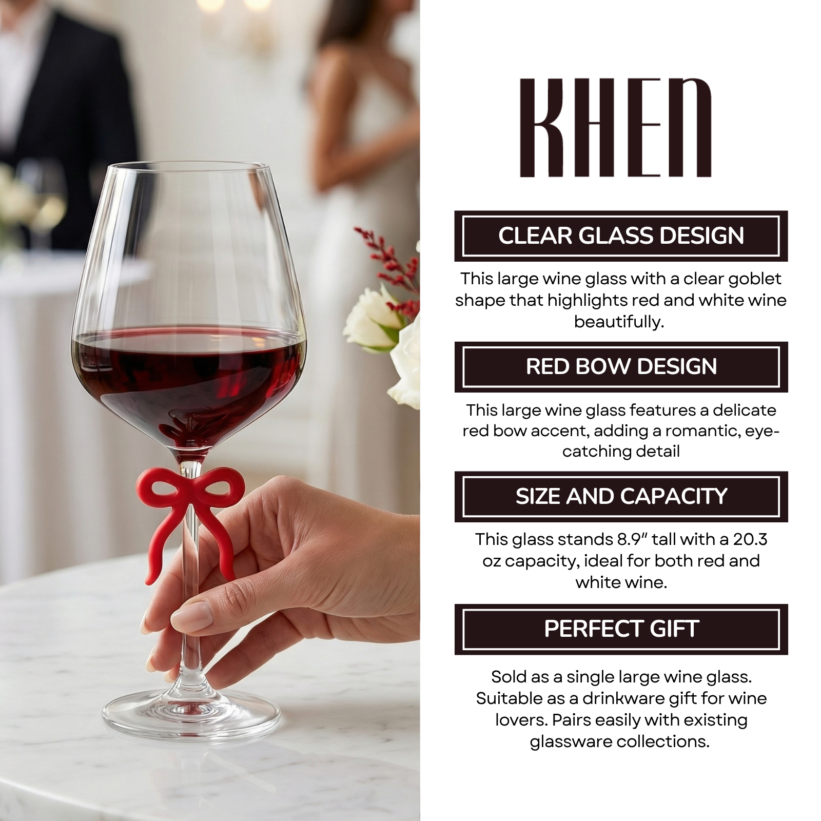 Large Clear Wine Glass with Red Bow on Stem, One Piece
