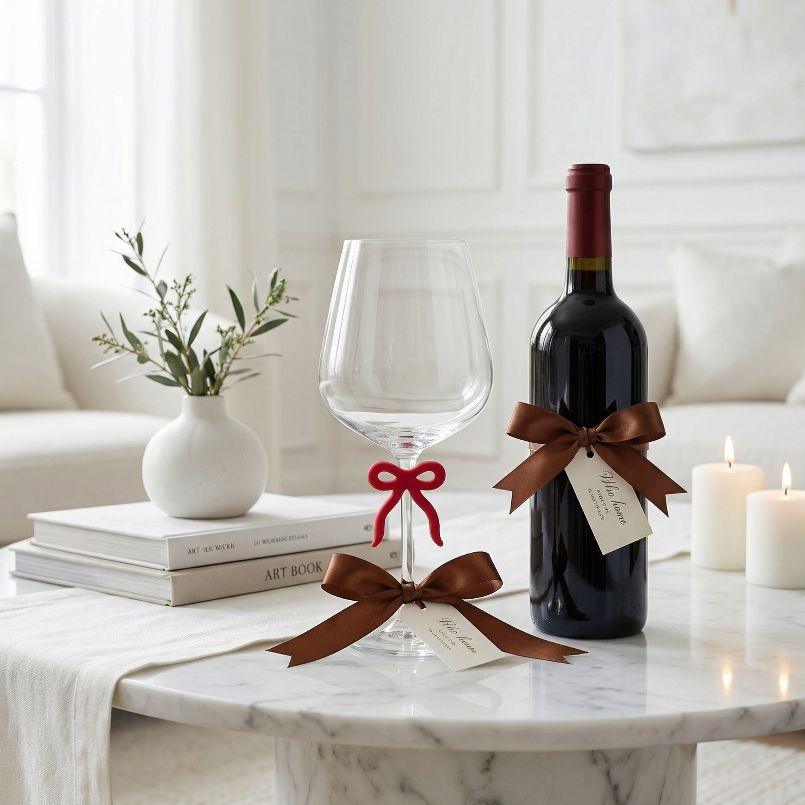 Large Clear Wine Glass with Red Bow on Stem, One Piece