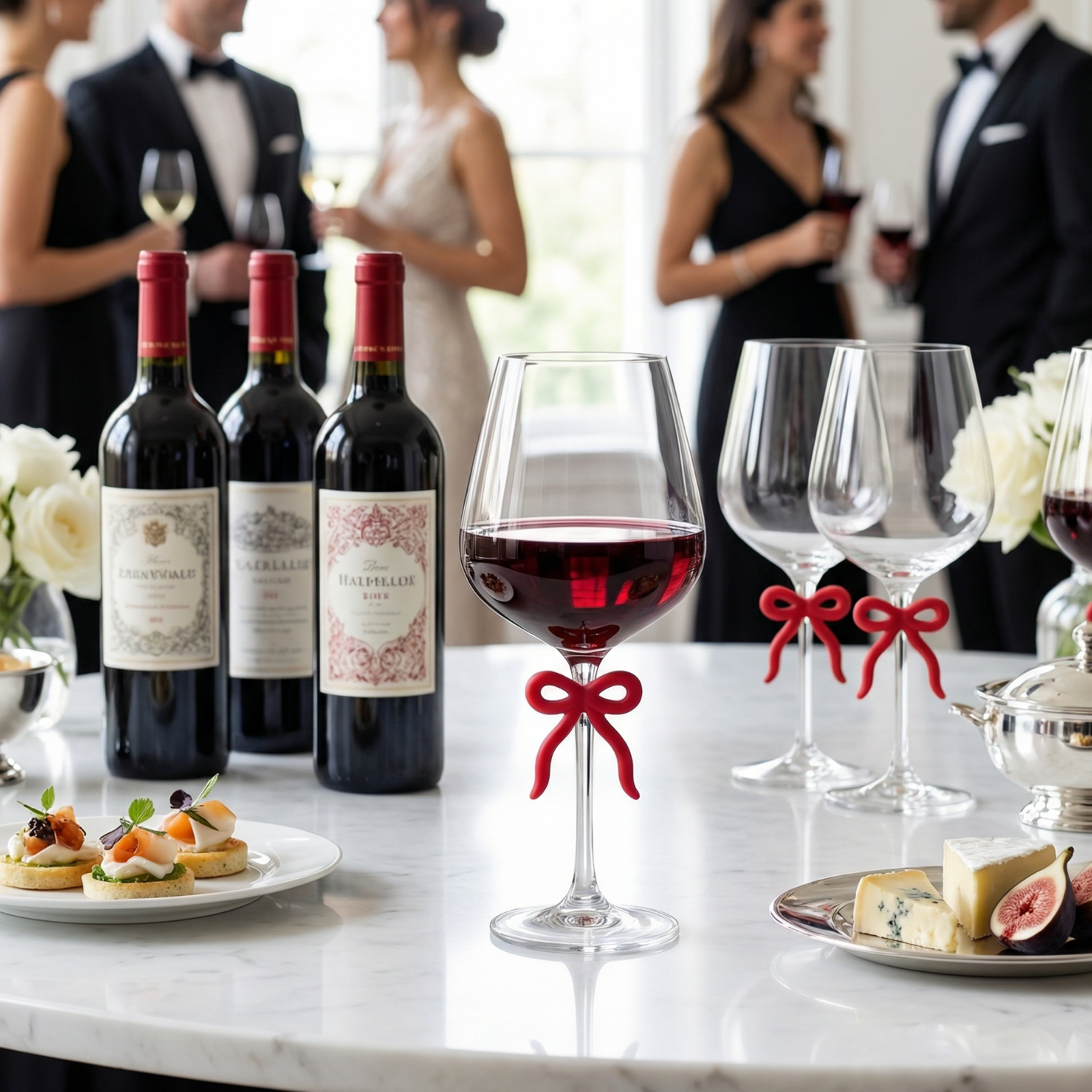 Large Clear Wine Glass with Red Bow on Stem, One Piece
