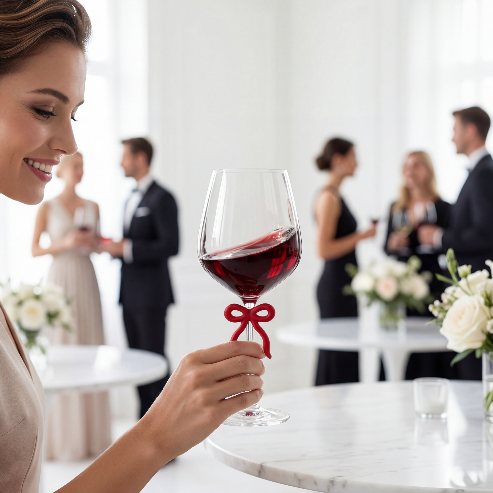 Large Clear Wine Glass with Red Bow on Stem, One Piece