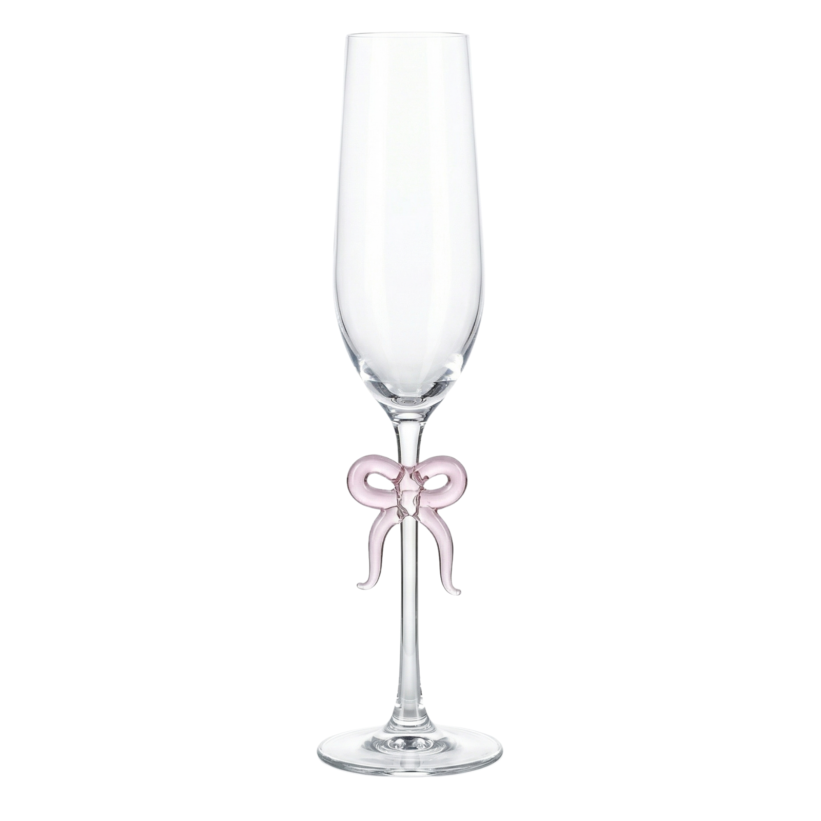 Single Clear Champagne Glass with Pink Bow on Stem, One Piece