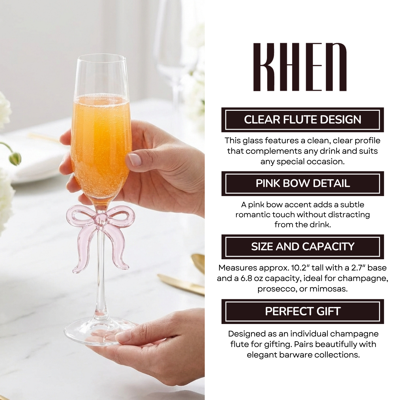 Single Clear Champagne Glass with Pink Bow on Stem, One Piece