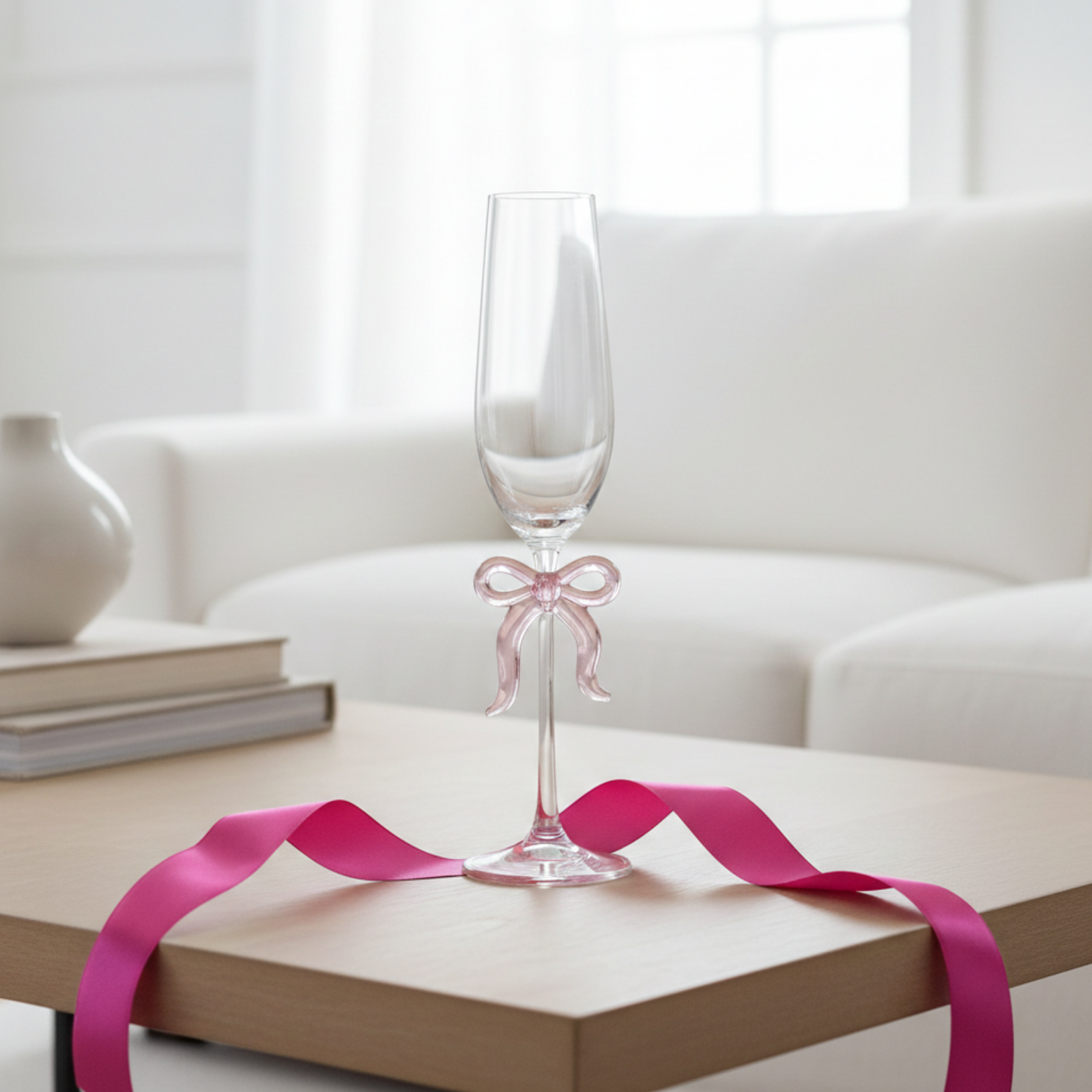 Single Clear Champagne Glass with Pink Bow on Stem, One Piece