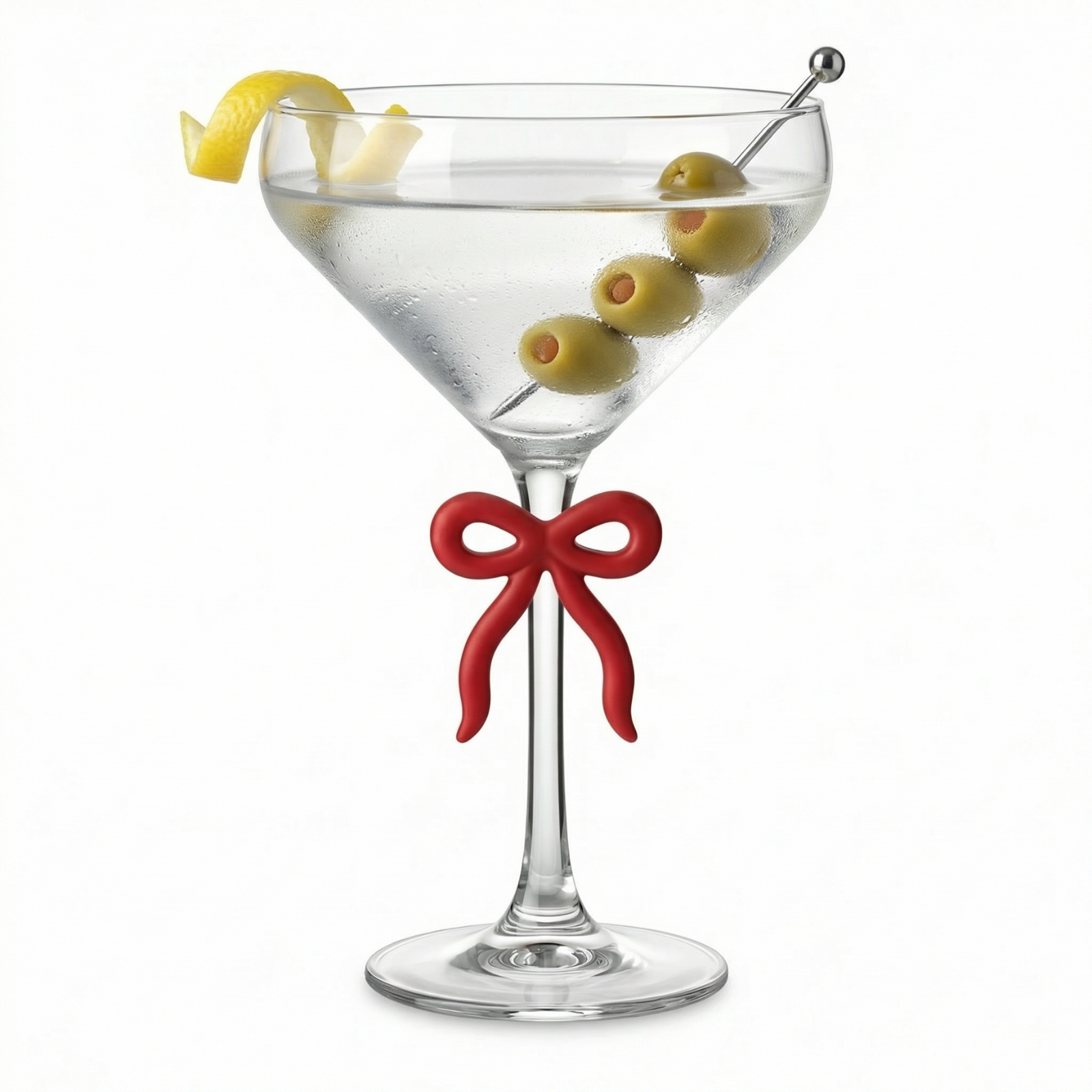 Single Clear Martini Glass with Red Bow on Stem, One Piece