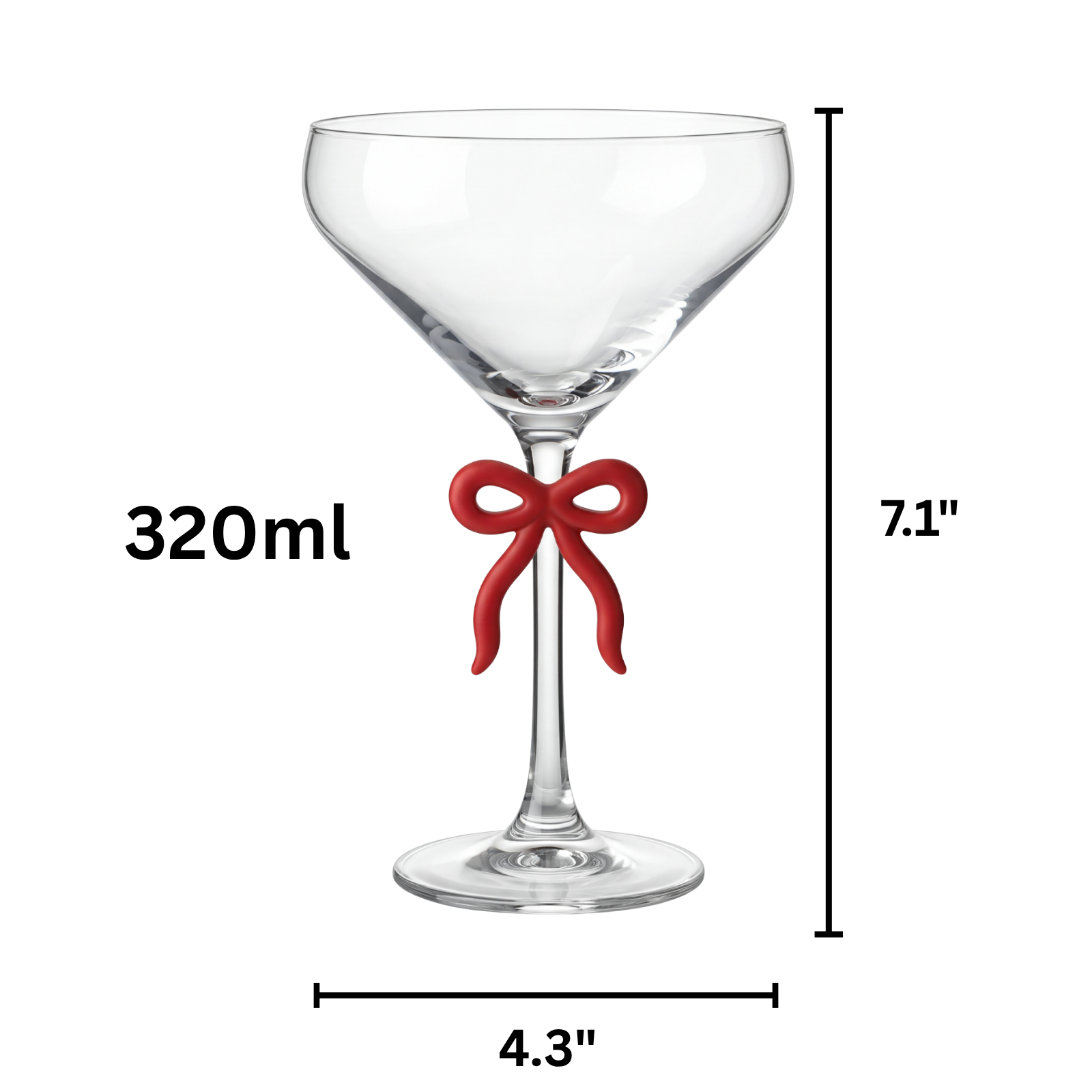 Single Clear Martini Glass with Red Bow on Stem, One Piece