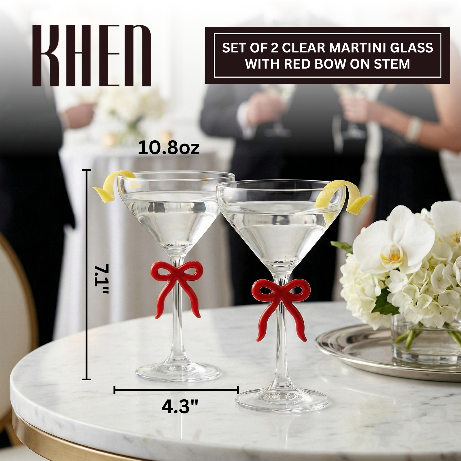Clear Martini Glass with Red Bow on Stem, Set of 2