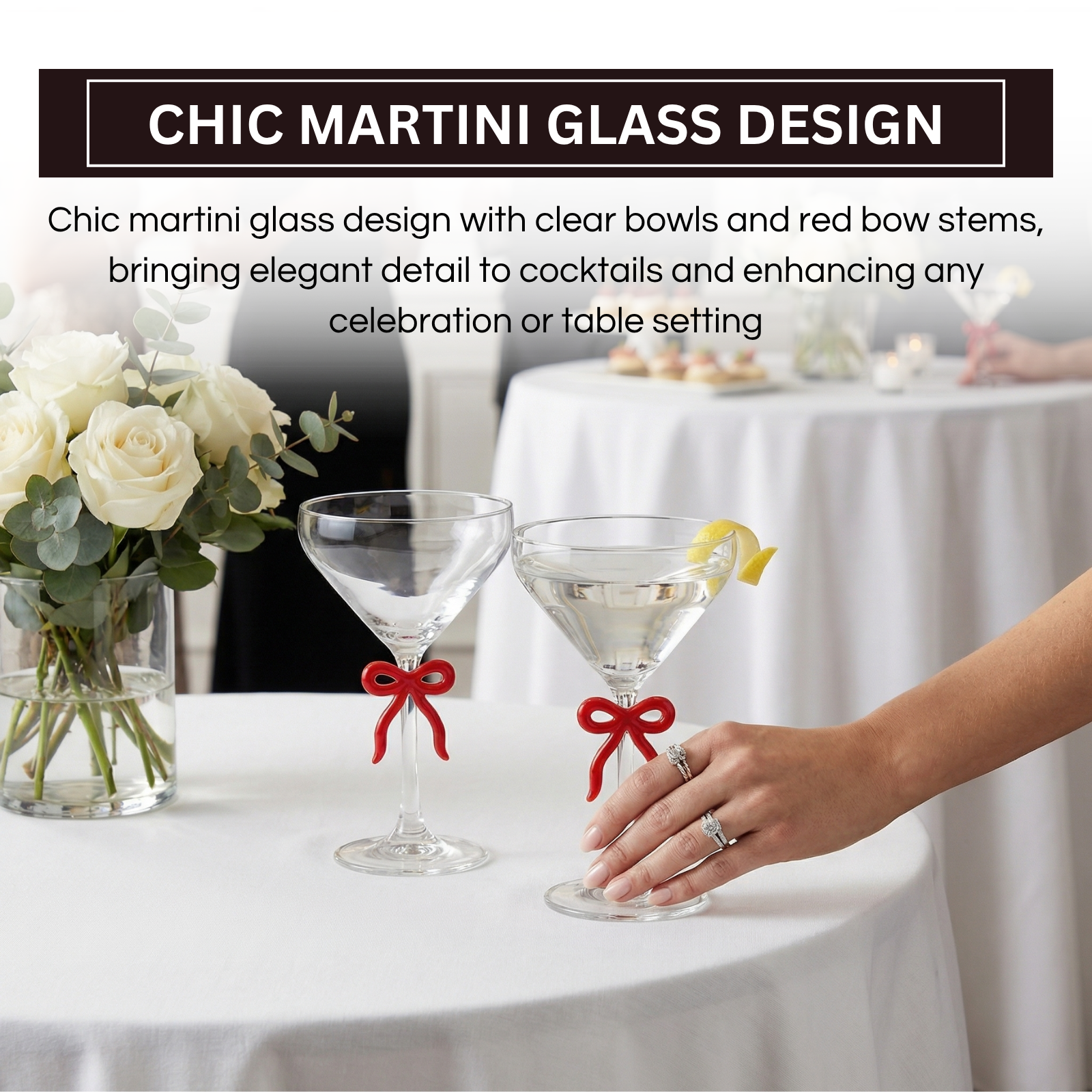 Clear Martini Glass with Red Bow on Stem, Set of 2
