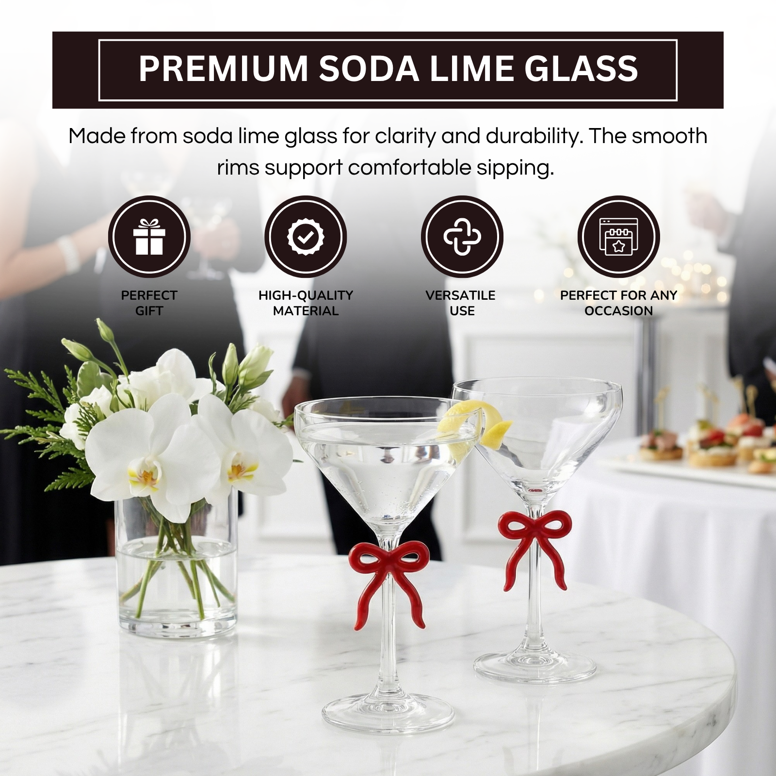 Clear Martini Glass with Red Bow on Stem, Set of 2