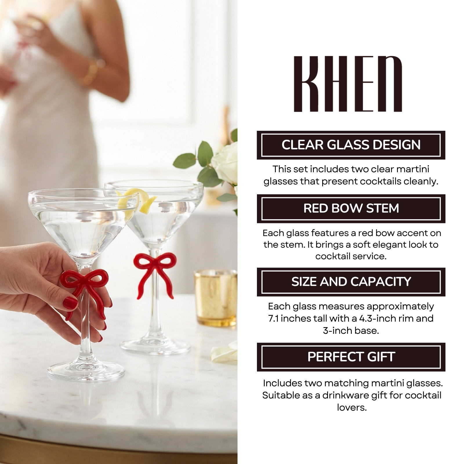 Clear Martini Glass with Red Bow on Stem, Set of 2