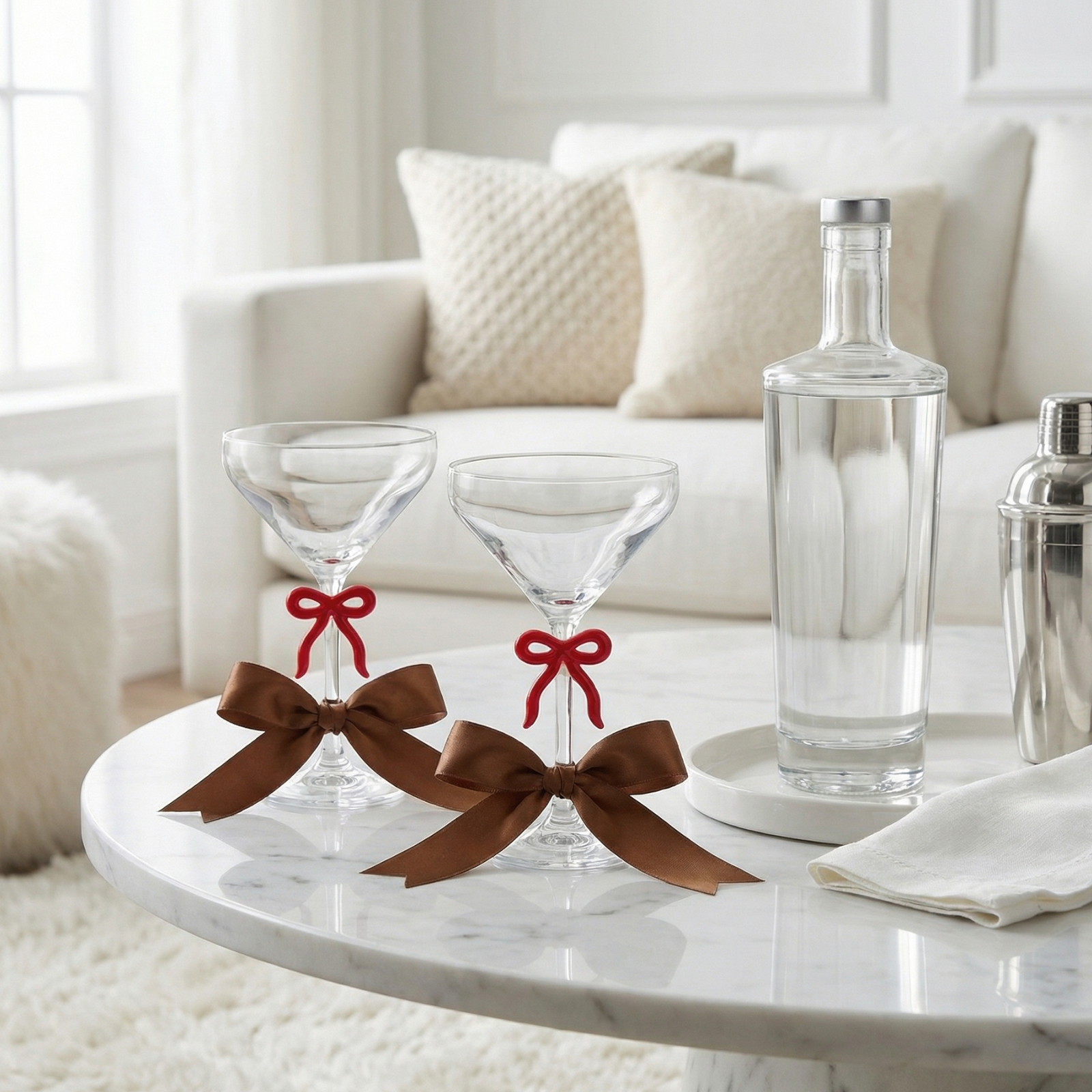 Clear Martini Glass with Red Bow on Stem, Set of 2