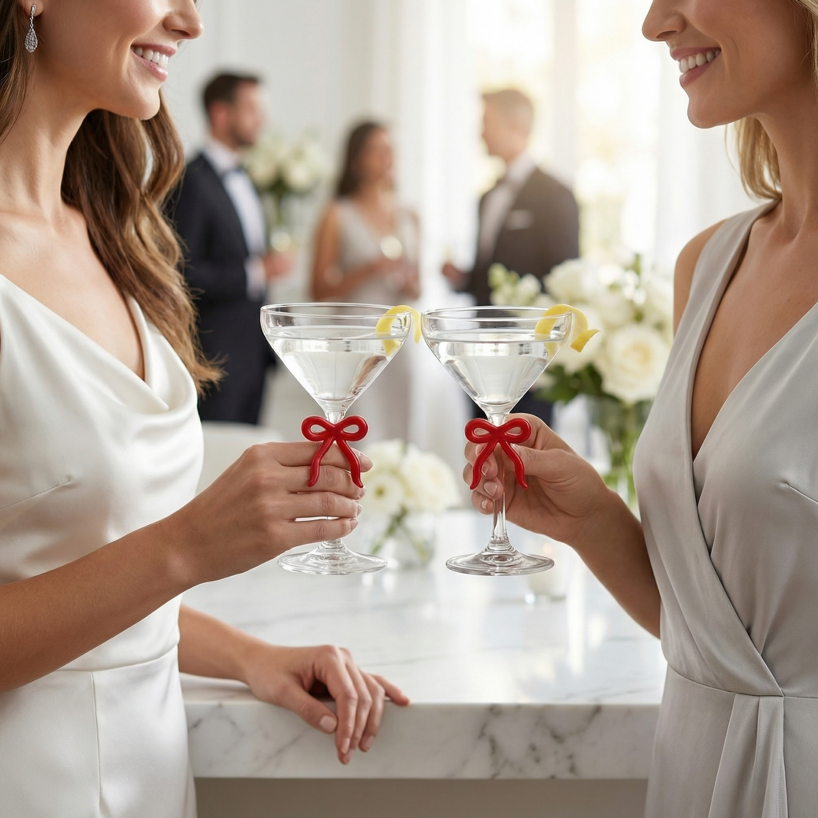 Clear Martini Glass with Red Bow on Stem, Set of 2