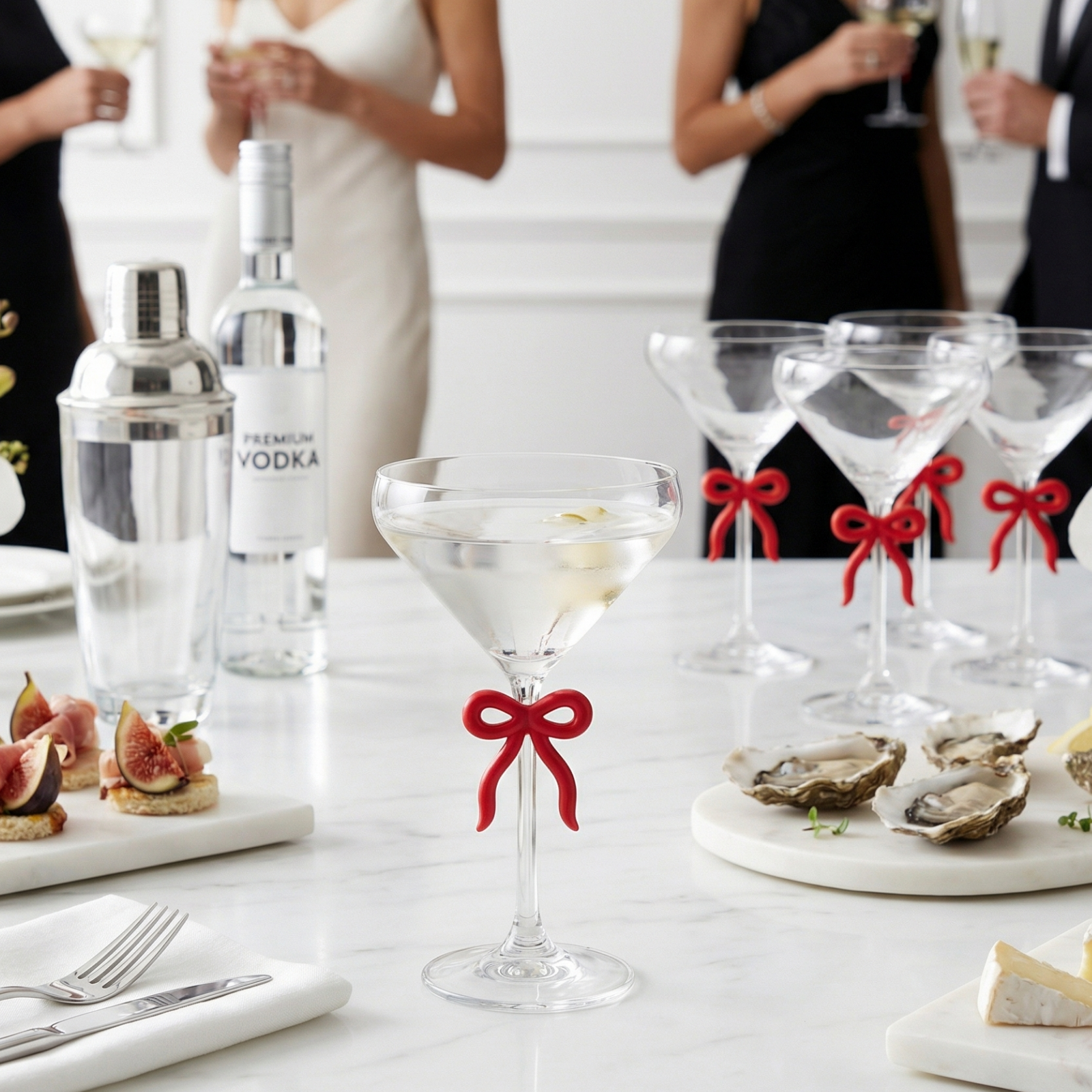 Clear Martini Glass with Red Bow on Stem, Set of 2