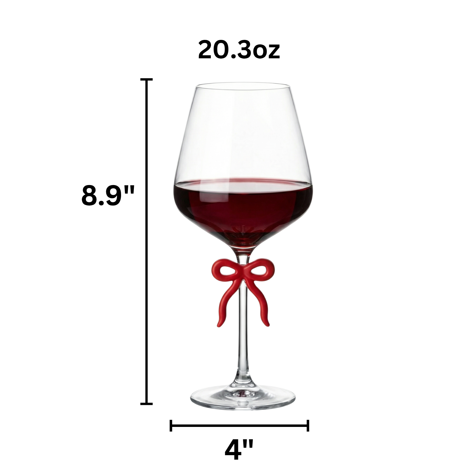 Large Clear Wine Glass with Red Bow on Stem, Set of 2