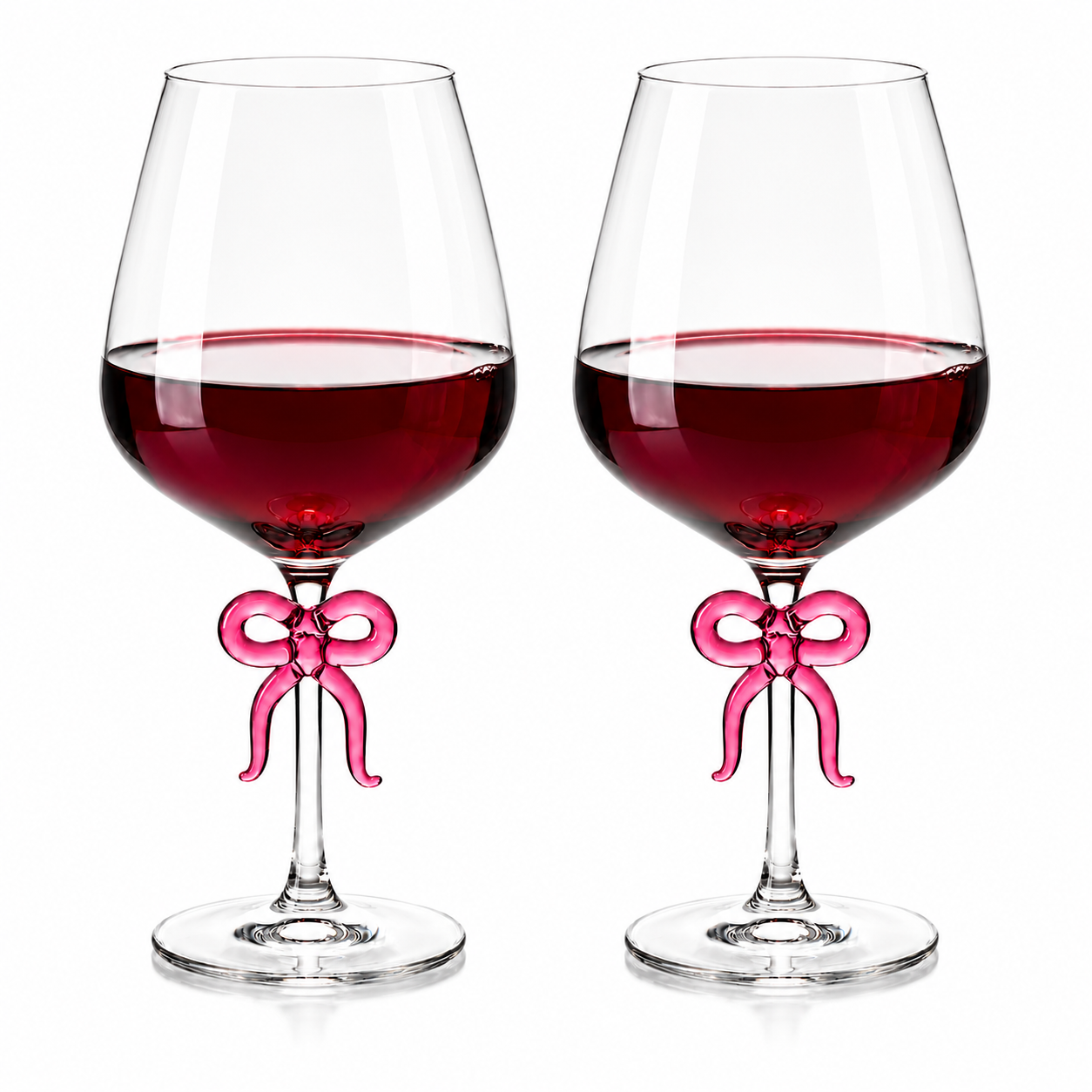 Large Clear Wine Glass with Pink Bow on Stem, Set of 2
