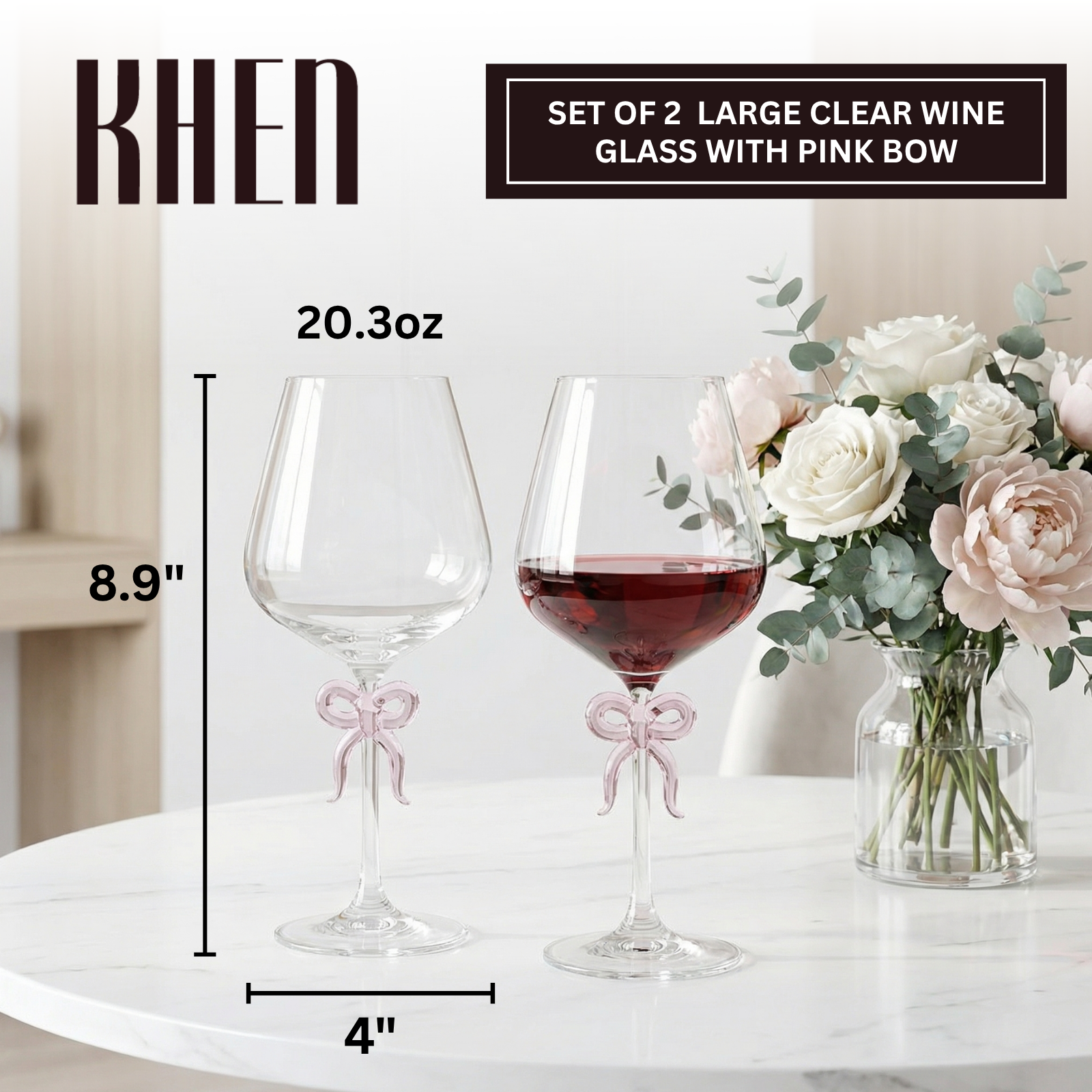 Large Clear Wine Glass with Pink Bow on Stem, Set of 2