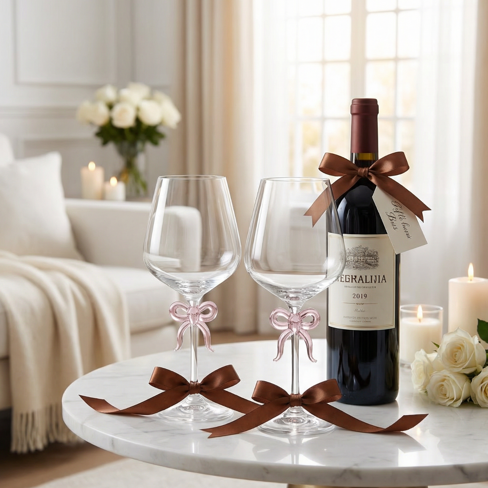 Large Clear Wine Glass with Pink Bow on Stem, Set of 2
