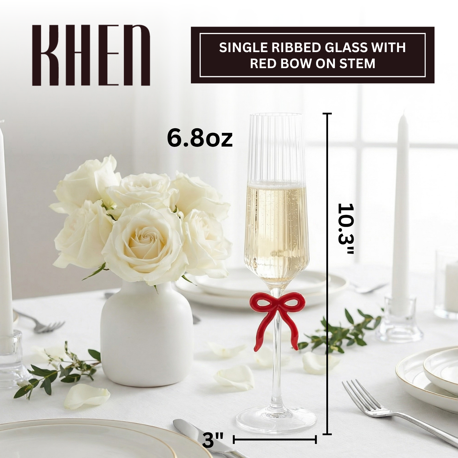 Single Ribbed Clear Champagne Glass with Red Bow on Stem