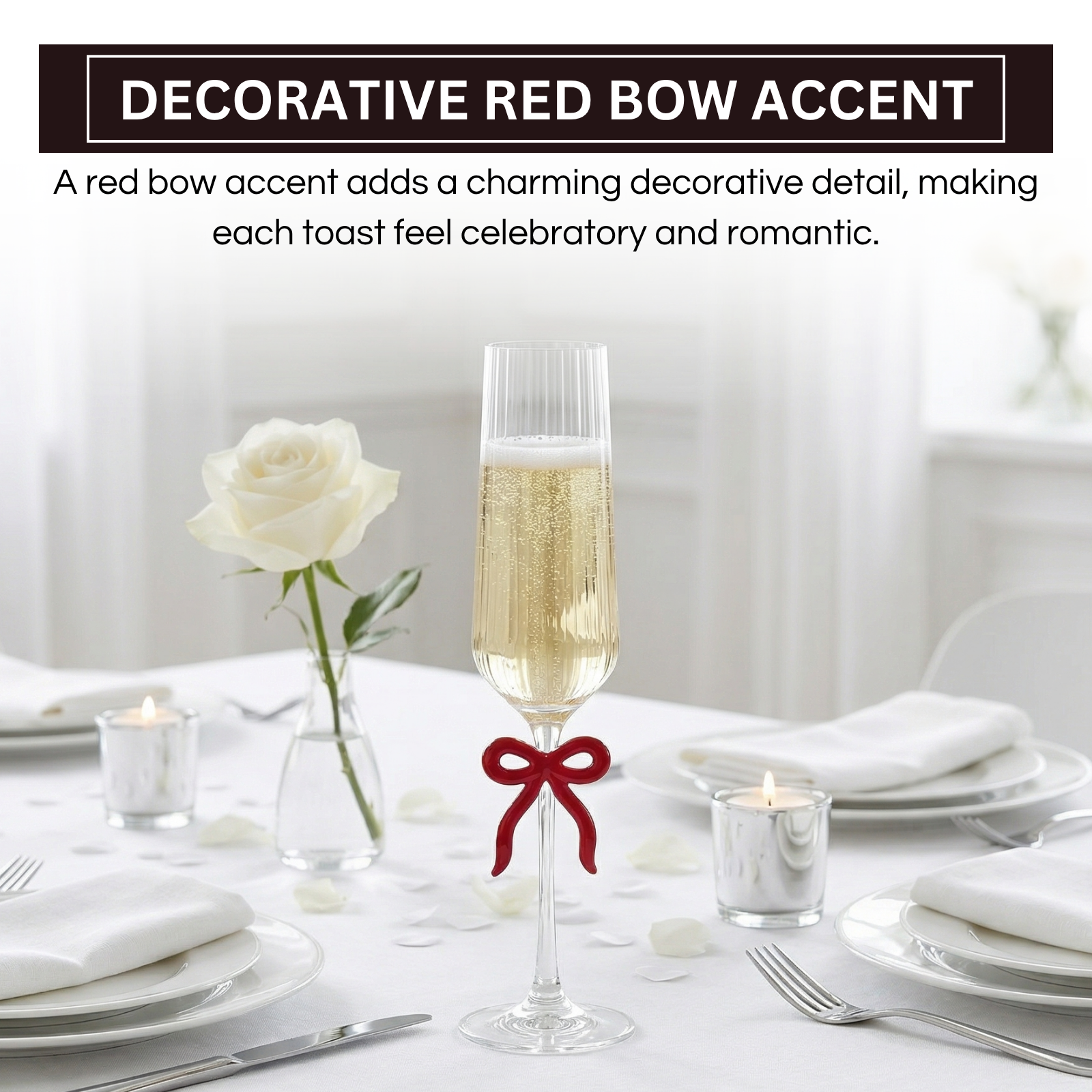 Single Ribbed Clear Champagne Glass with Red Bow on Stem
