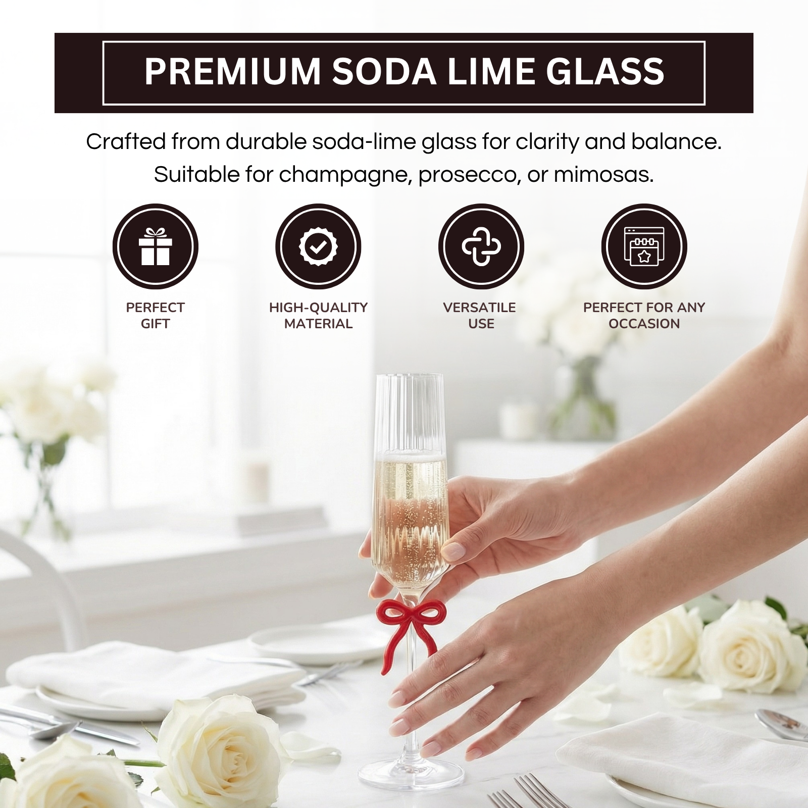 Single Ribbed Clear Champagne Glass with Red Bow on Stem