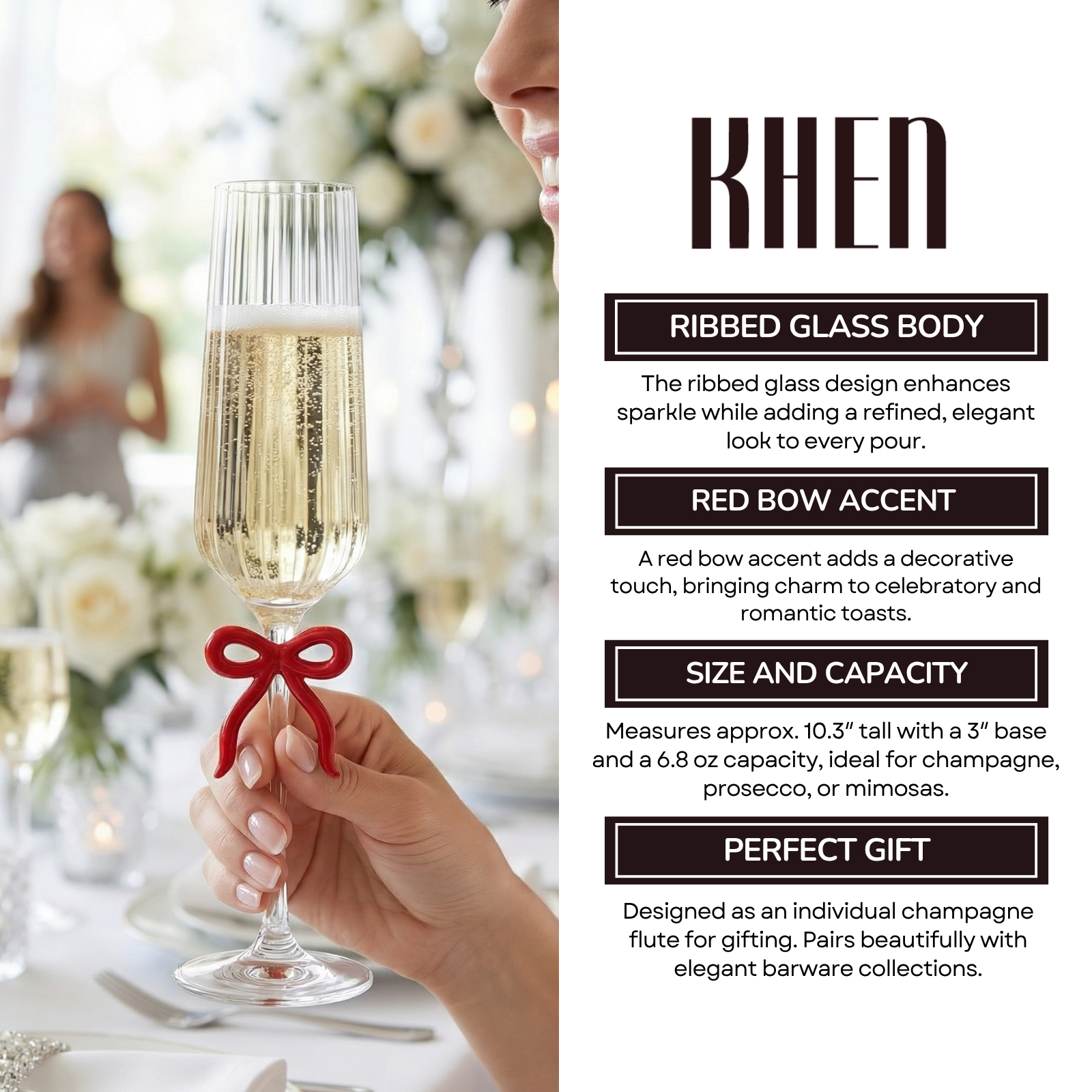 Single Ribbed Clear Champagne Glass with Red Bow on Stem