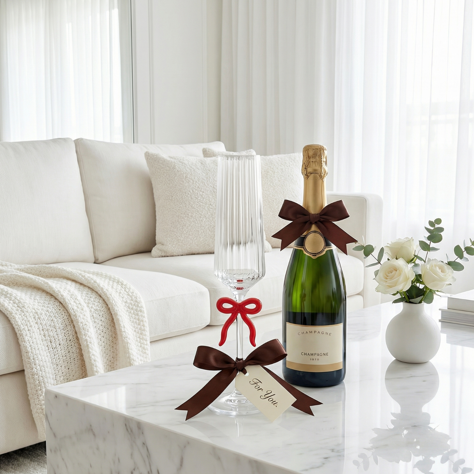 Single Ribbed Clear Champagne Glass with Red Bow on Stem