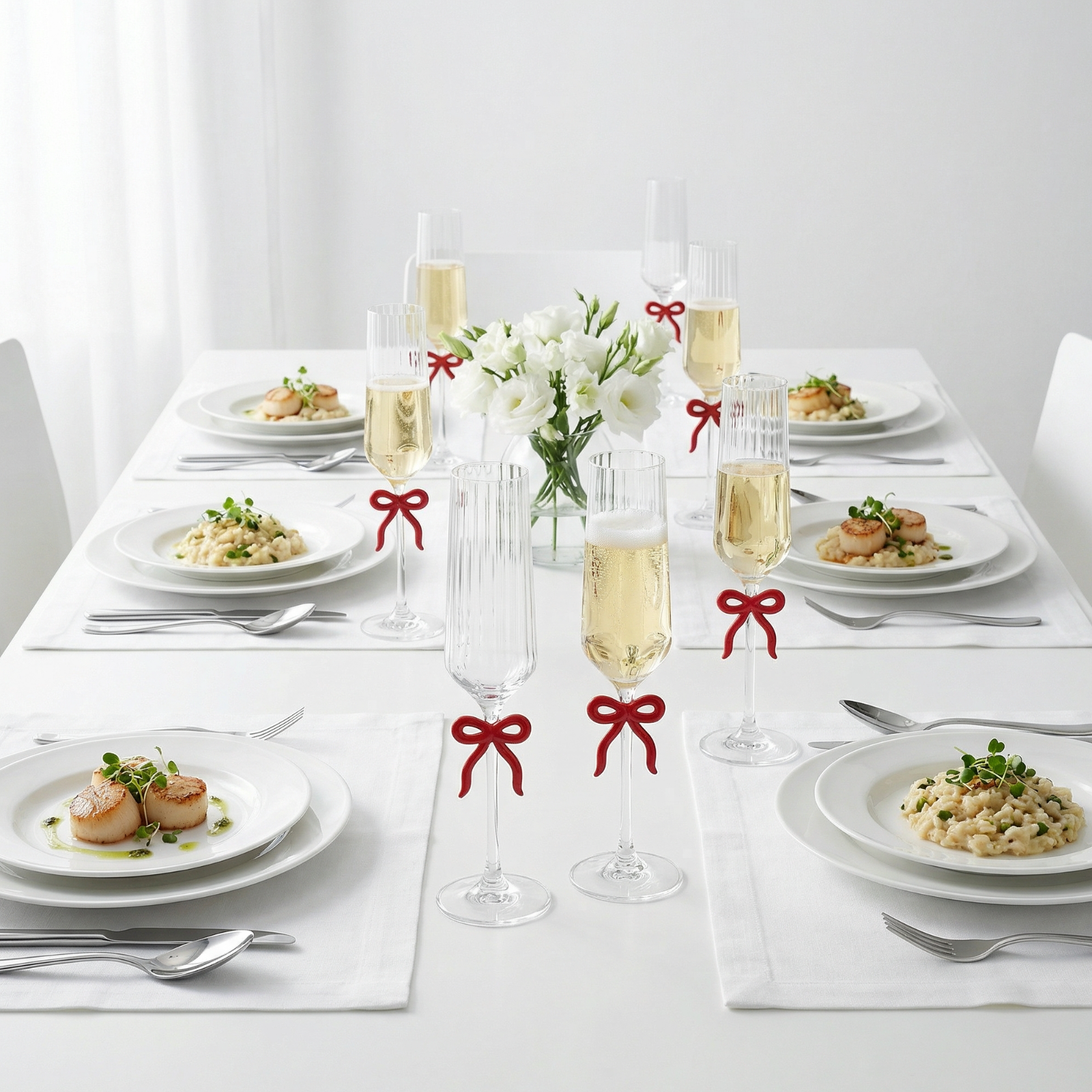 Single Ribbed Clear Champagne Glass with Red Bow on Stem