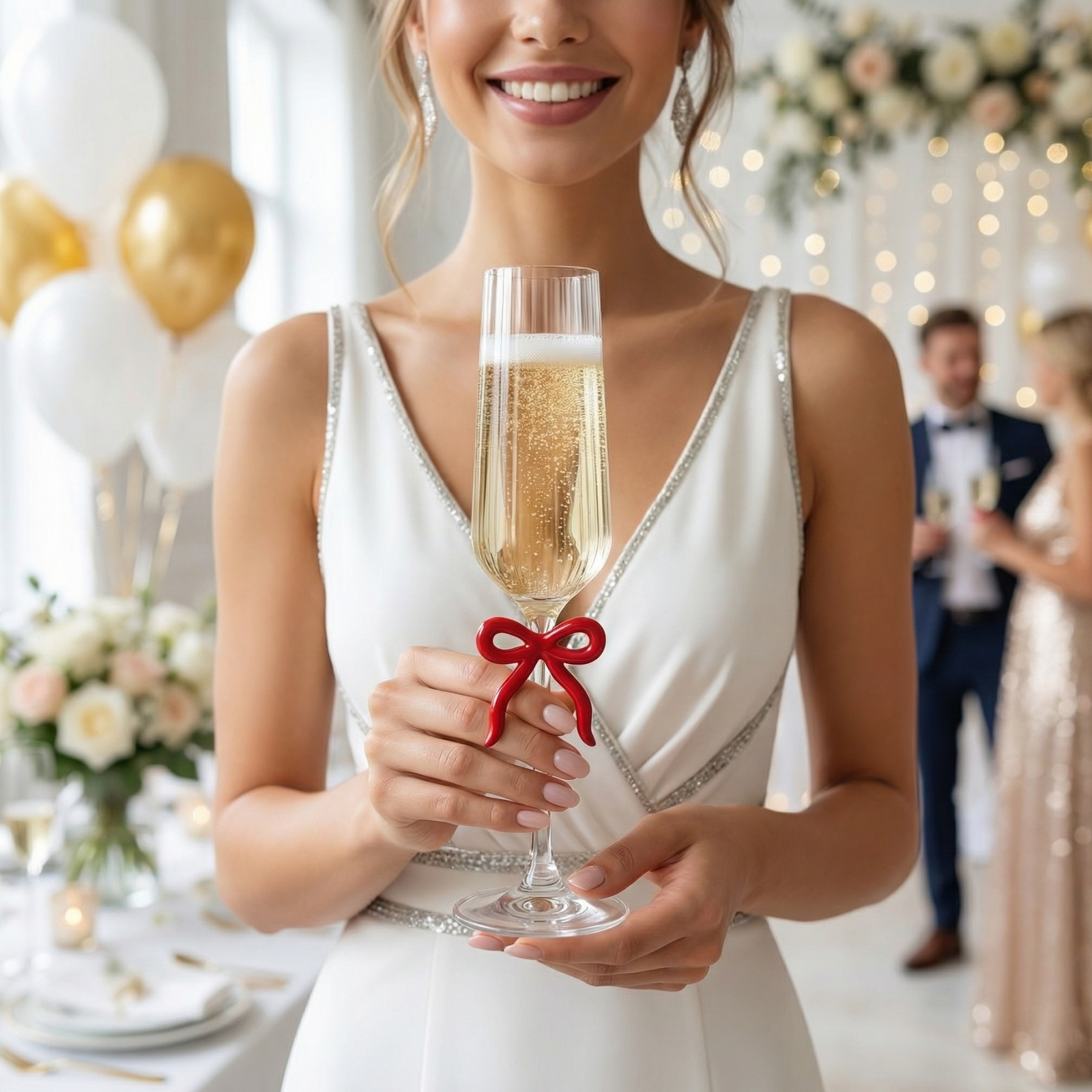 Single Ribbed Clear Champagne Glass with Red Bow on Stem