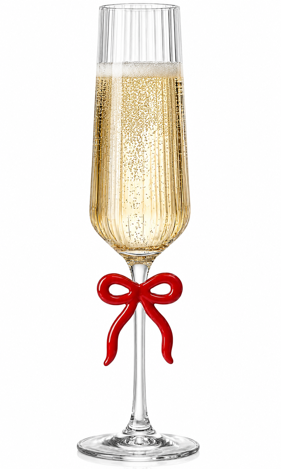 Single Ribbed Clear Champagne Glass with Red Bow on Stem