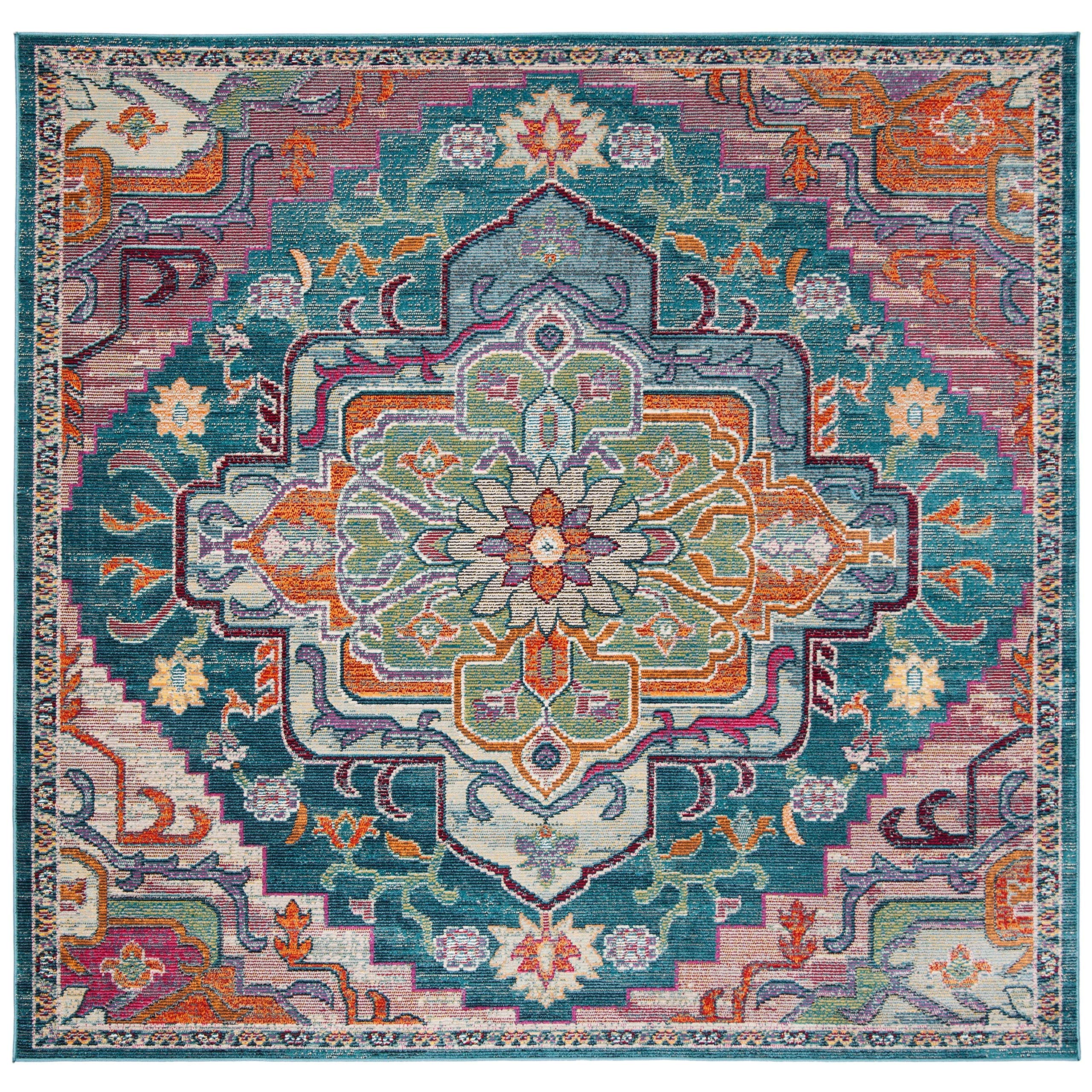 SAFAVIEH Crystal Collection 9 Square Teal / Rose CRS501T Boho Chic Oriental Medallion Distressed Non-Shedding Living Room Bedro