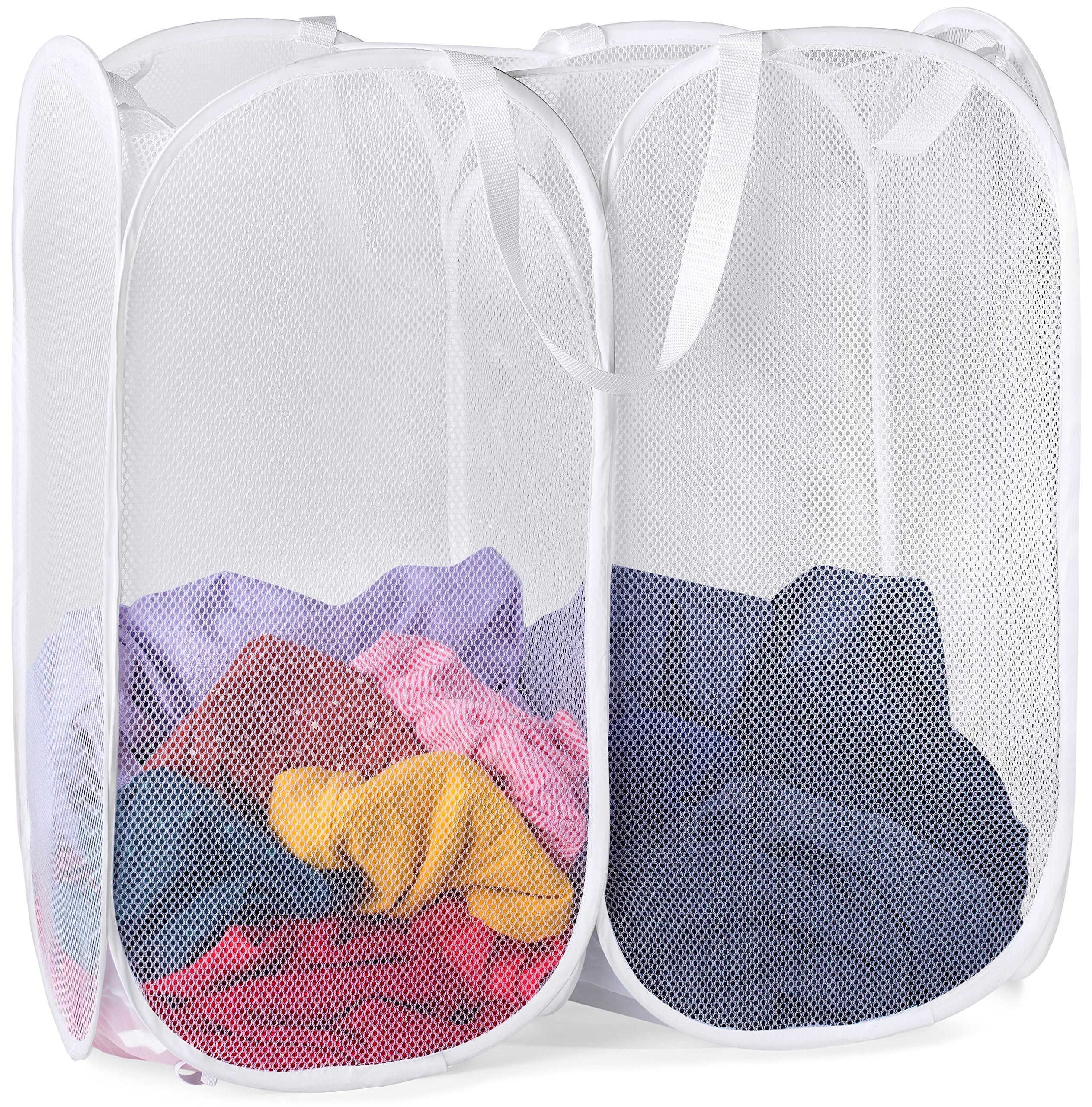 Mesh Popup Laundry Hamper - Two Compartments, Collapsible For Storage And Easy To Open. Folding Pop-Up Clothes Hampers Are Great