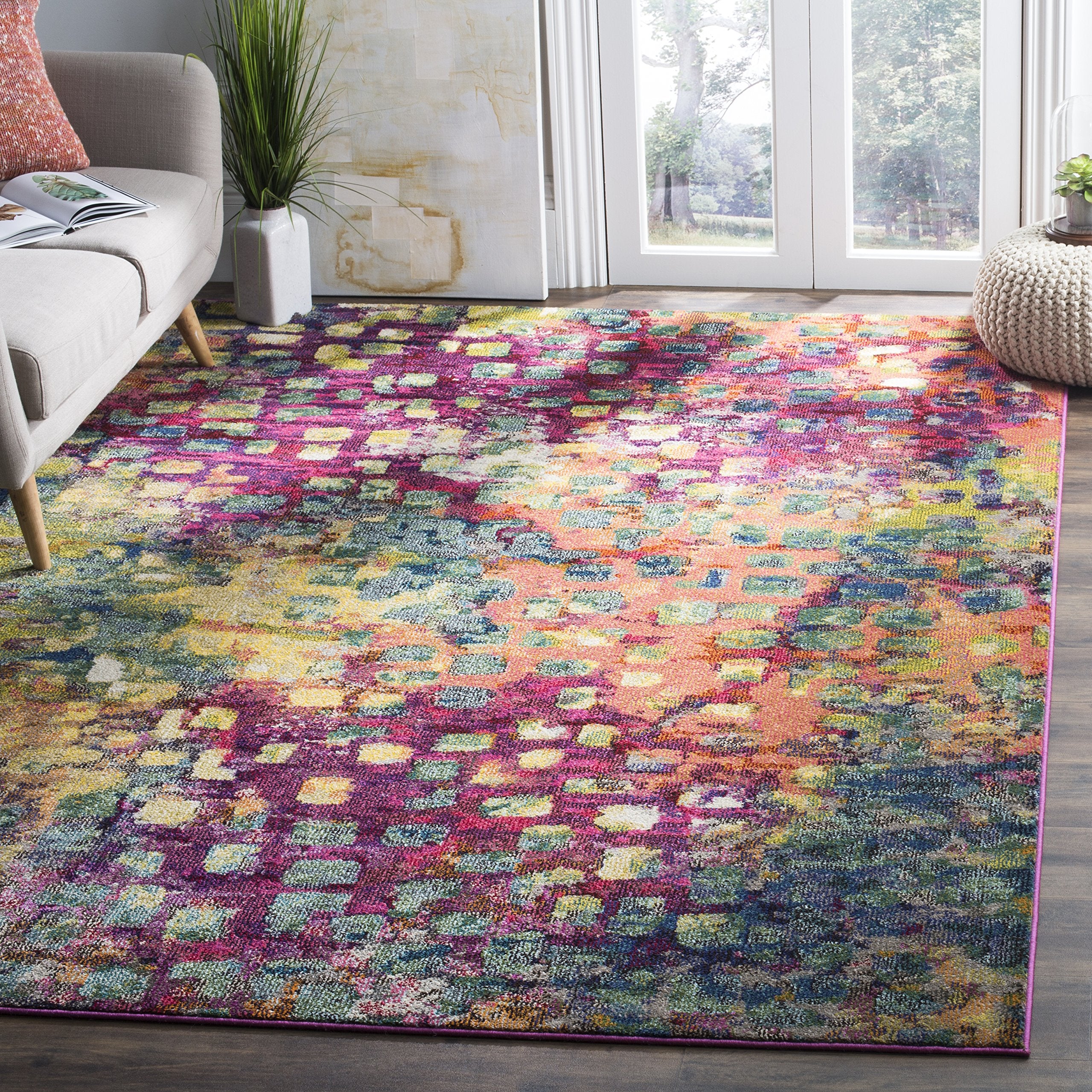 SAFAVIEH Monaco Collection 9 Square PinkMulti MNC225D Boho Chic Abstract Watercolor Non-Shedding Living Room Bedroom Dining Hom