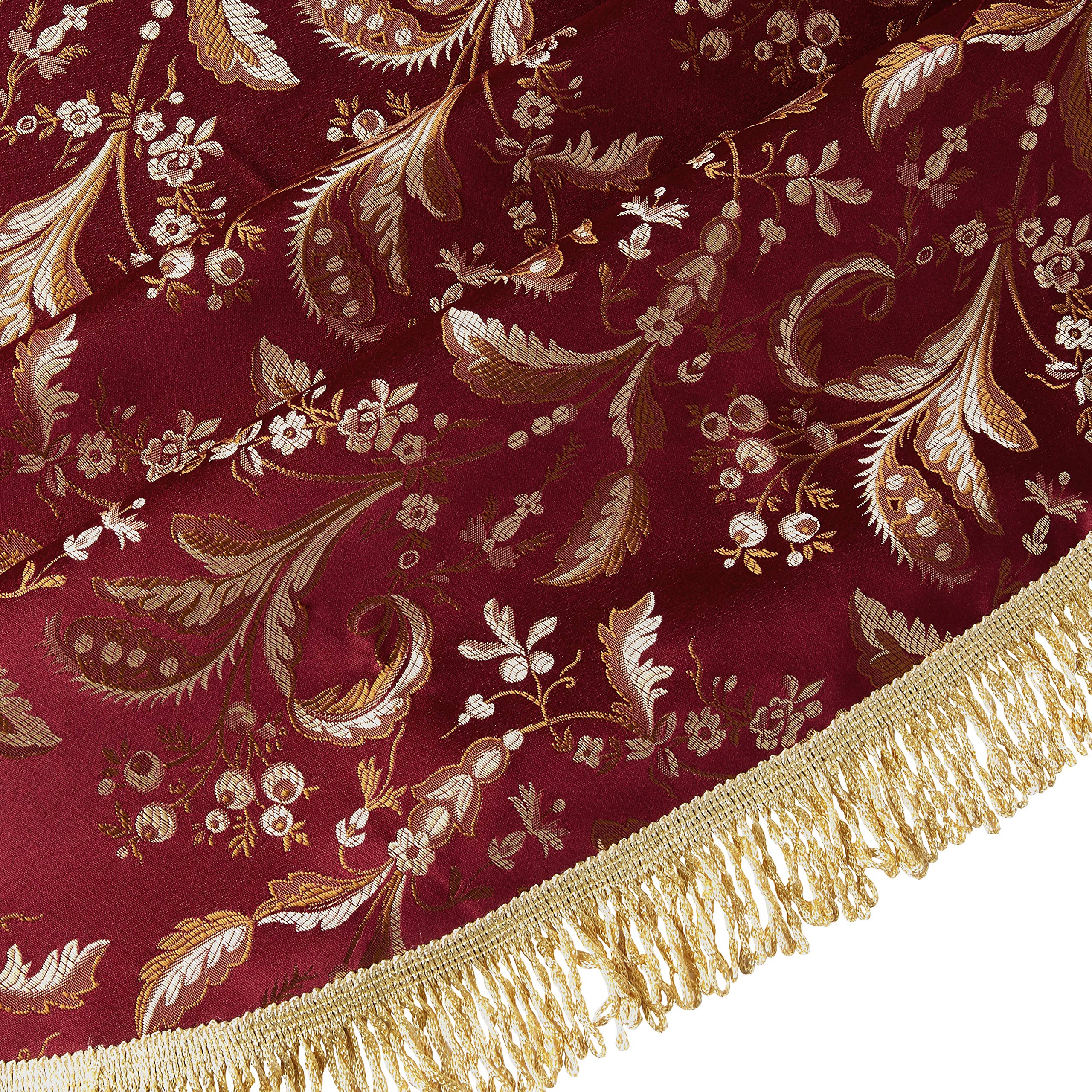 Violet Linen Luxury Damask Floral Design, Polyester Jacquard, With Fringes, Burgundy, 60 Inch Round, Seats 4 Pepole, Tablecloths