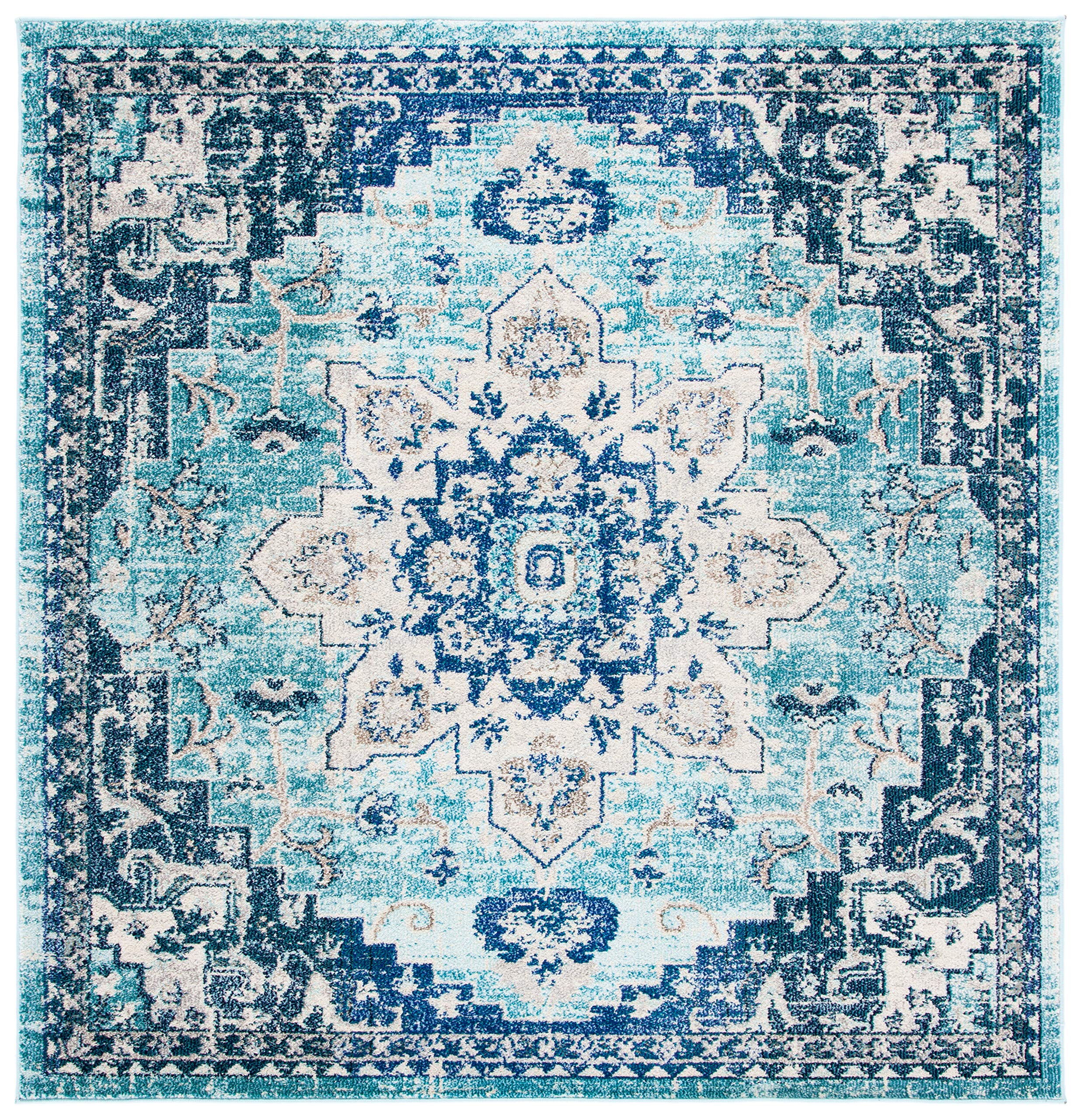 Safavieh Madison Collection 8 Square TealNavy MAD473K Boho Chic Medallion Distressed Non-Shedding Living Room Dining Bedroom Ar