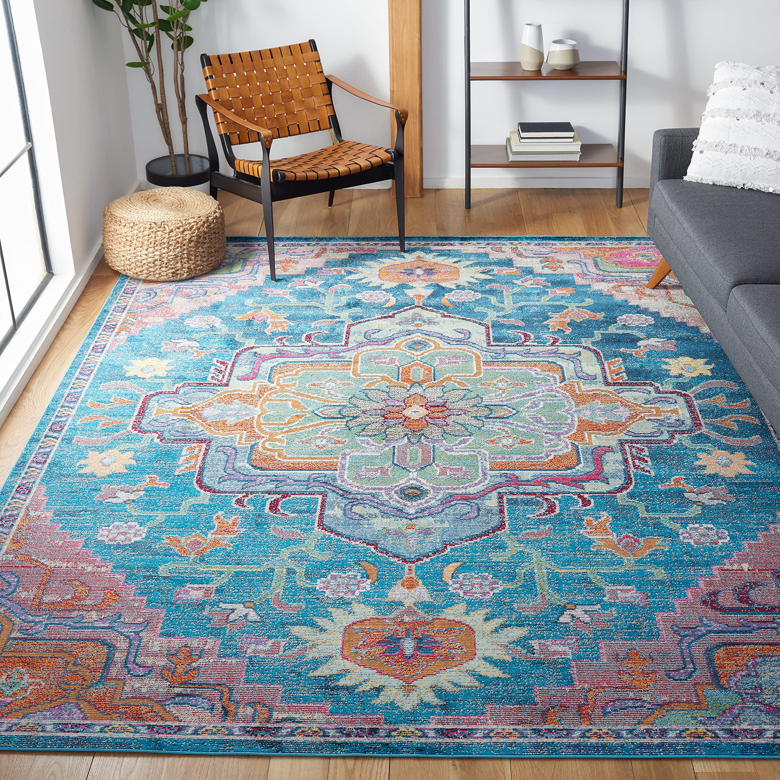 SAFAVIEH Crystal Collection Area Rug - 5 Square, Teal & Rose, Medallion Distressed Design, Non-Shedding & Easy Care, Ideal for 