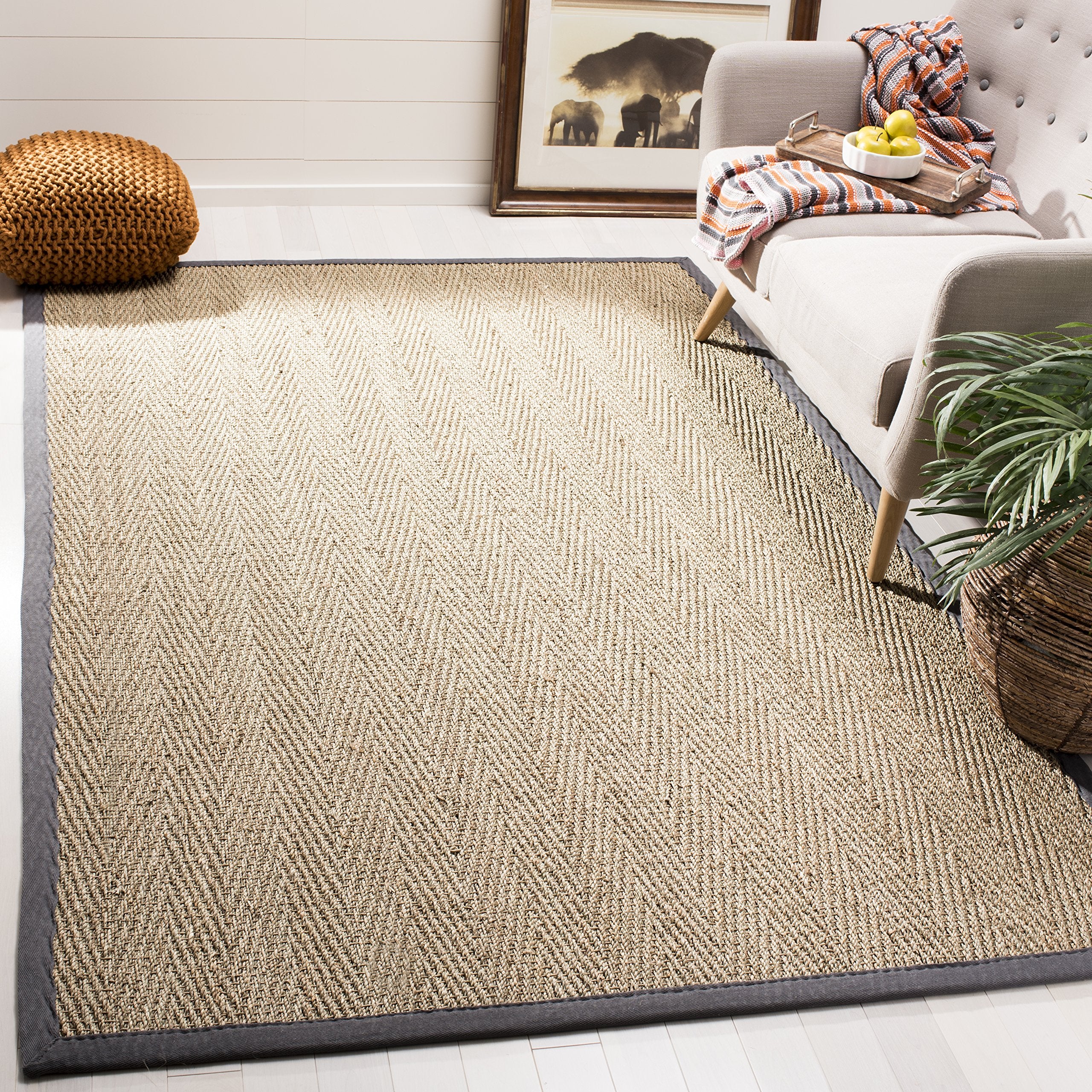 SAFAVIEH Natural Fiber Collection Area Rug - 5 x 8, Natural & Dark Grey, Border Herringbone Seagrass Design, Easy Care, Ideal 