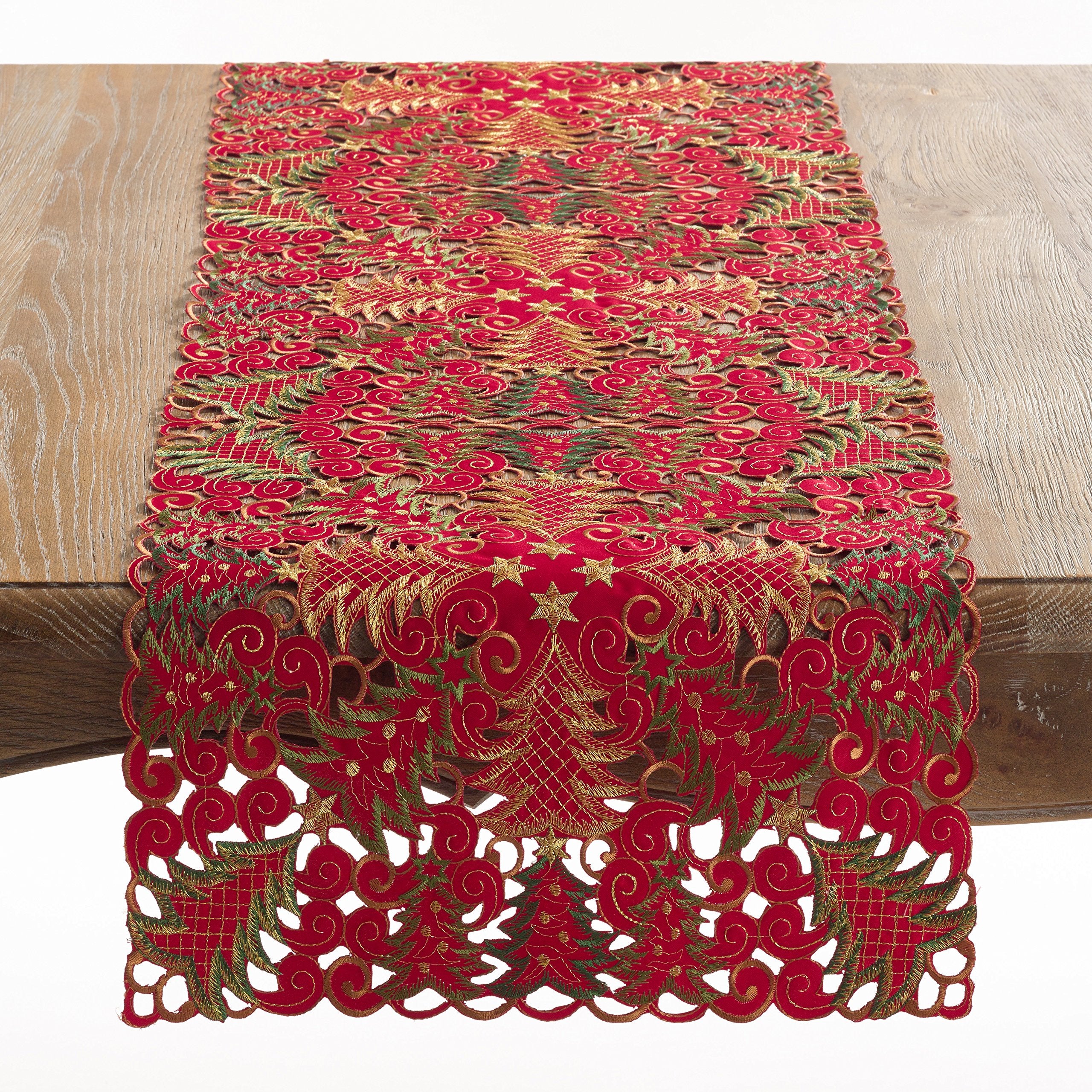 SARO LIFESTYLE QX296.R1654B Panettone Collection Christmas Tree Cutwork Table Runner, 16 x 54, Red