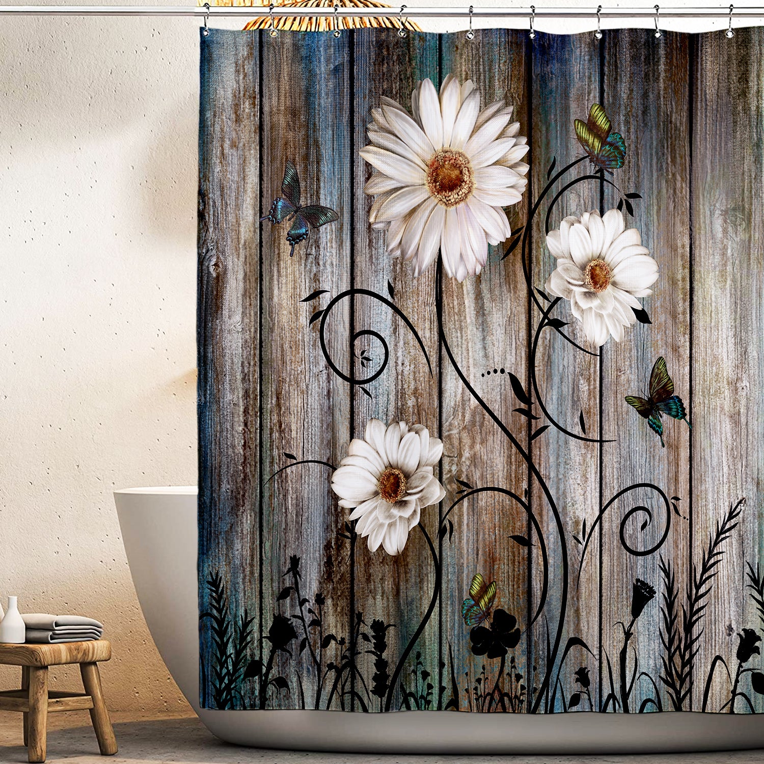 Miffrank Rustic Shower Curtain Set Grey Floral Fabric Bath Curtain 12 Hooks Butterfly Daisy American Country Farm Style 84W