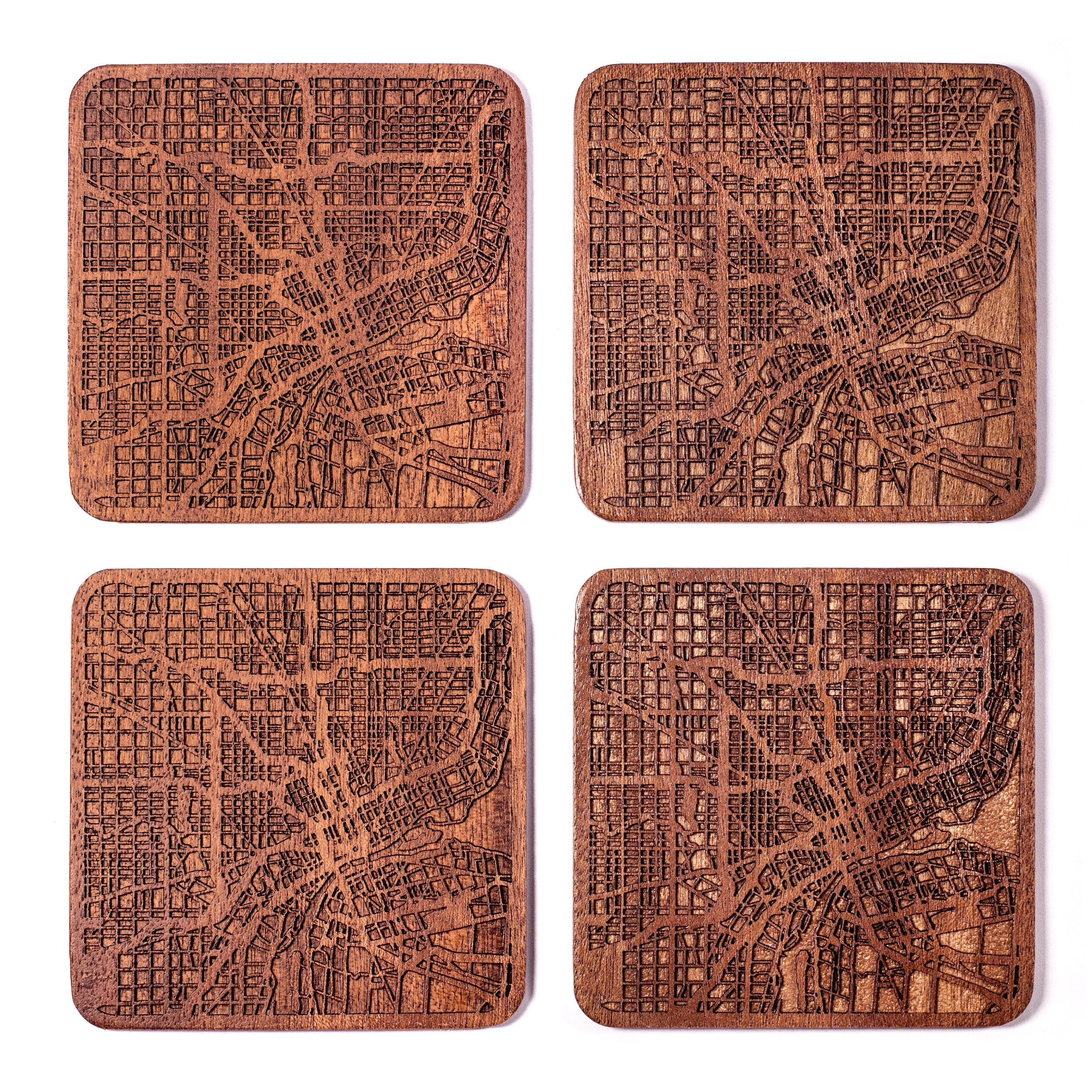 Detroit Map Coaster By O3 Design Studio, Set Of 4, Sapele Wooden Coaster With City Map, Handmade