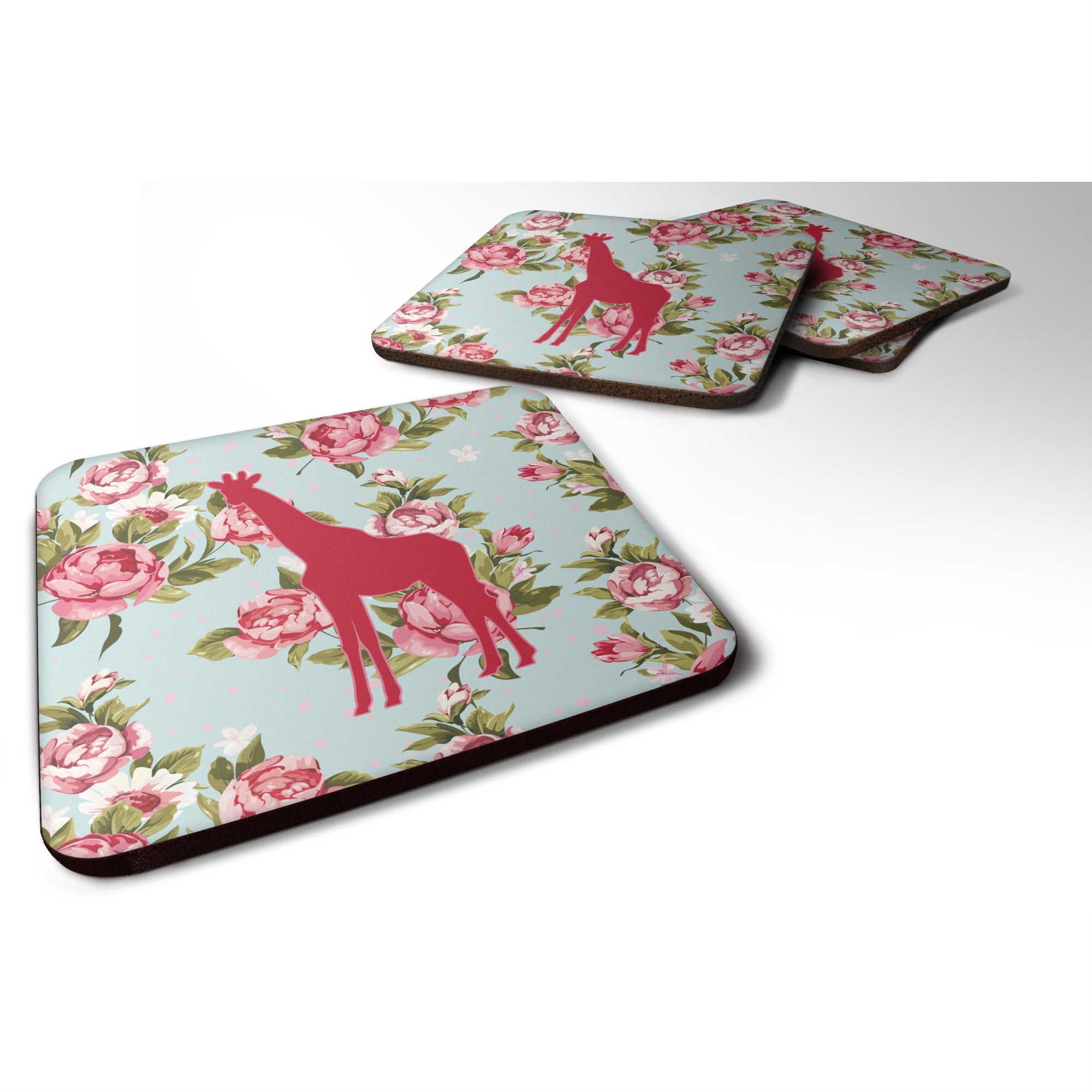 'Caroline'S Treasures Bb1001-Rs-Bu-Fc Giraffe Shabby Chic Blue Roses Foam Coasters (Set Of 4), 3.5'''' H X 3.5'''' W, Multicolo