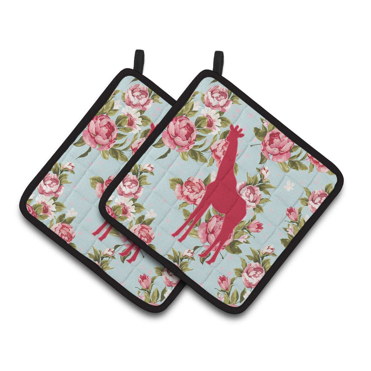 'Caroline'S Treasures Giraffe Shabby Chic Blue Roses Pair Of Pot Holders Bb1001-Rs-Bu-Pthd, 7.5Hx7.5W, Multicolor''